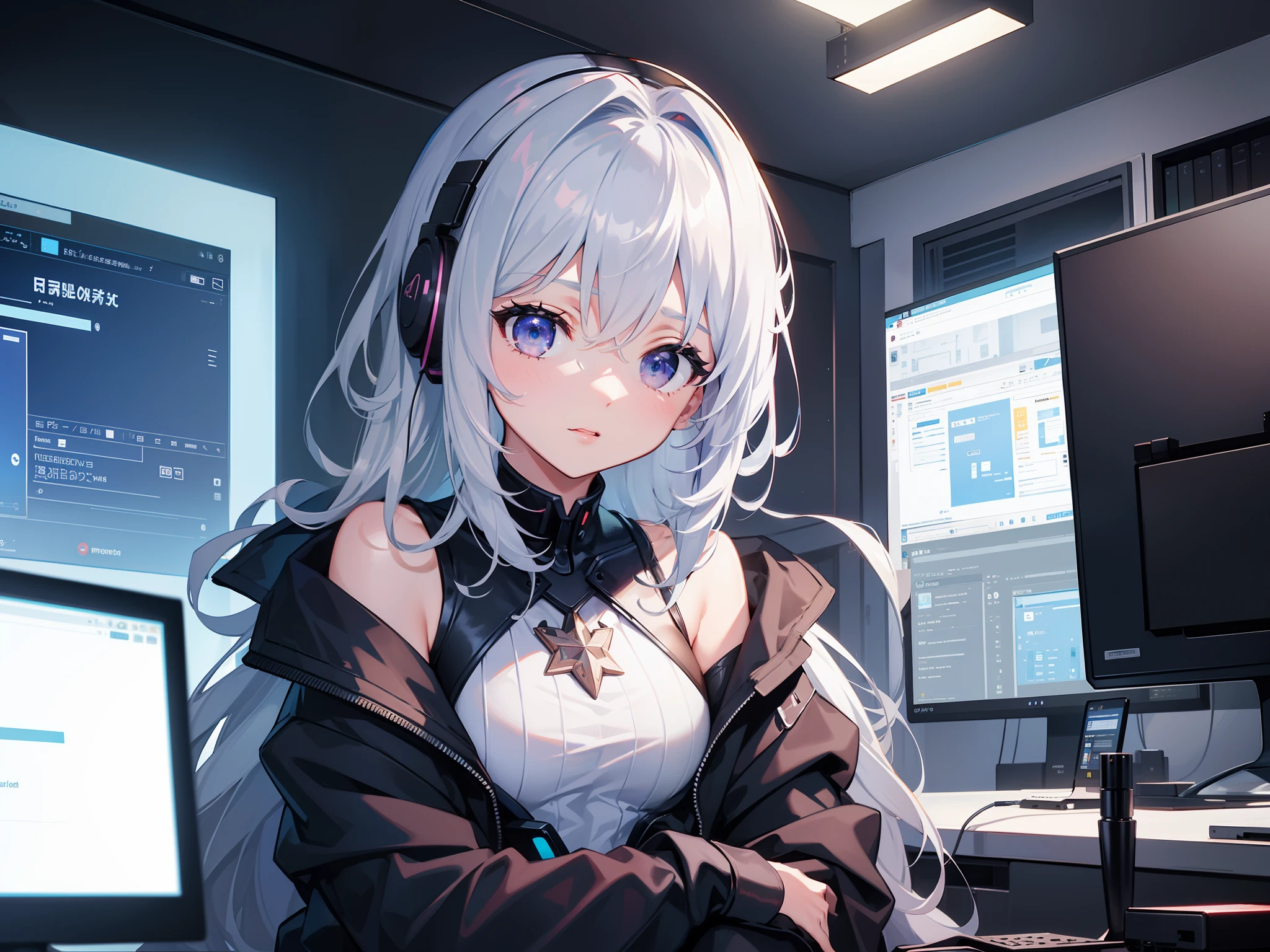 ((La mejor calidad)), ((obra maestra)), (muy detallado:1.3), ...............................................................................................................................................3D, Beautiful (cyberpunk:1.3) Mujer hacker, peinado corto,pelo corto, Volver al visor, cabello grueso, Terminal de ordenador operativo, Pantalla montada en la cabeza, computer server, Pantalla LCD, fiber optic cable, Logotipo de la empresa, HDR (High Dymanic Range), Trazado de rayos, NVIDIA RTX, Super resolution, Irreal 5, Subsoil Scatter, Textura PBR, Post-procesamiento, Anisotropic filtering, profundidad de campo, maximum sharpness and sharpness, Texturas multicapa, Albedo y Highlight Maps, Sombreado de superficies, Accurate simulation of light-material interactions, proporciones perfectas, Renderizado de octanaje, duotone lighting, ISO bajo, balance de blancos, Regla de los tercios, amplia apertura, 8K RAW, efficient sub-pixels, sub-pixel convolution, glow particles, dynamic pose