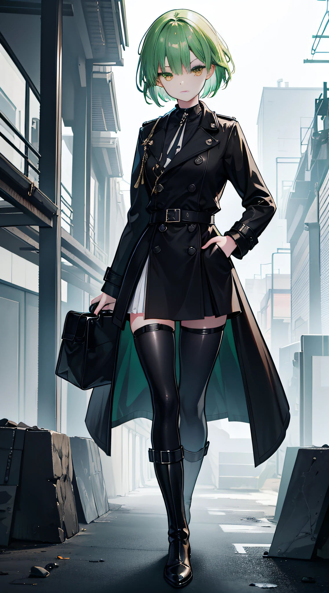 A girl with green hair,short detailed hair，Brown eyes，soft expression，With a petite figure，Dynamic，a black trench coat，Black boots，(Best quality,4K,8K,A high resolution,Masterpiece:1.2)，in a panoramic view，sportrait