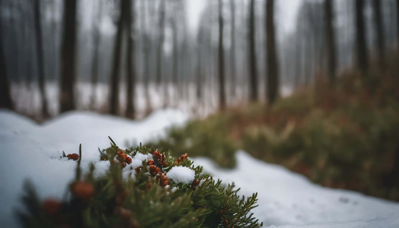 ((hight resolution,8K)), Highly detailed detail,Crisp focus:1.2,Snow close-up, Macro Close Shot, On flat snow, Smooth snow, Forest in the background, depth of fields