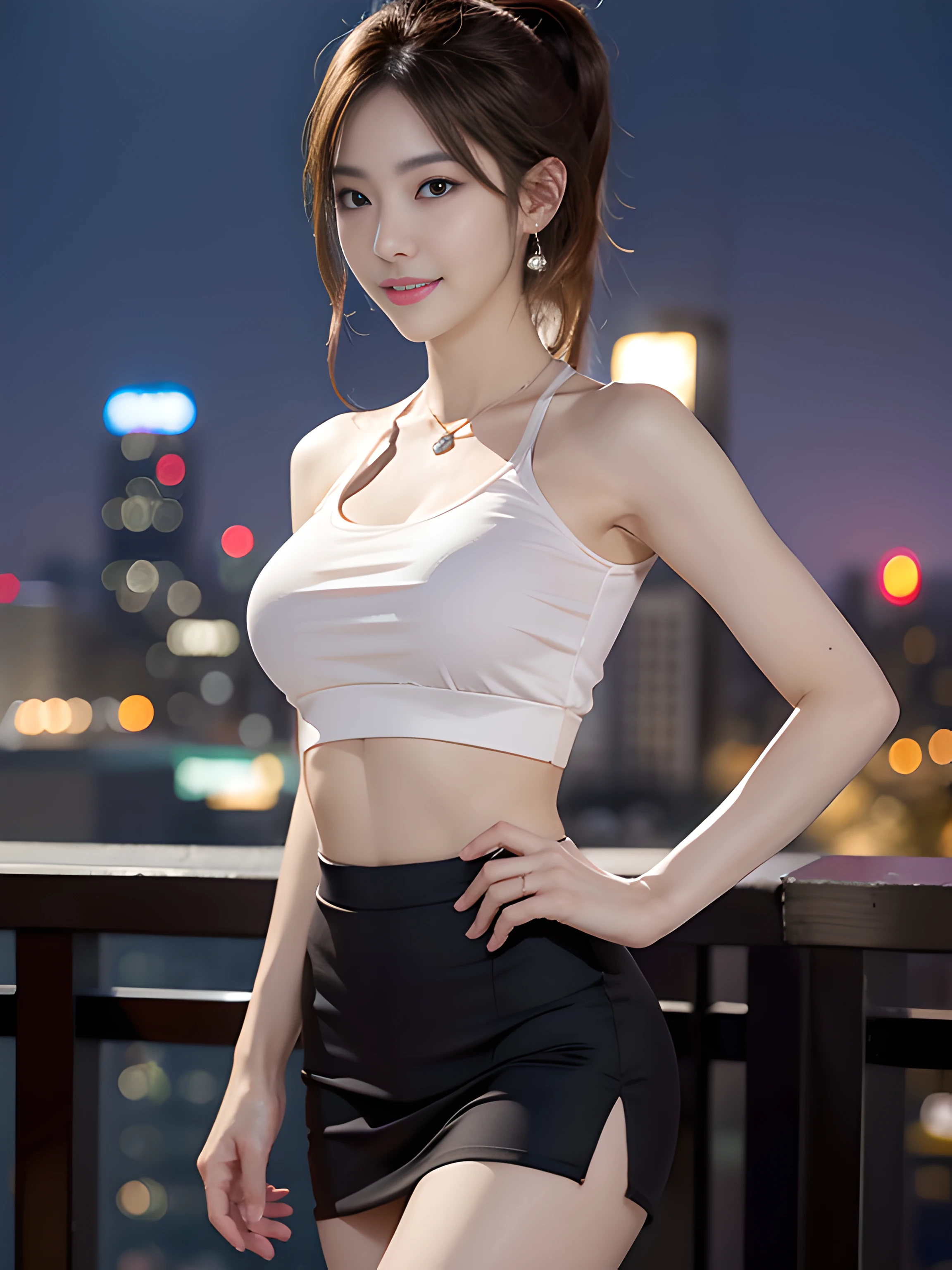 8K, masutepiece, RAW photo, Best quality, Photorealistic, Highly detailed CG unity 8k wallpaper, depth of fields, Cinematic light, Lens flare, Ray tracing, (Extremely beautiful face, Beautiful lips, Beautiful eyes), intricate detail face, ((ultra detailed skin)) 1girl in, In the dark, deepshadow, Pretty Korean girl, Kpop idol,(Very slim and slim muscular body), ((view the viewer)),(Big smile), (city night scene, the roof,), Pretty Korean girl, Earrings, bangle, necklace, Clear eyes, Walking , front footage, (Pale skin), Face forward, (Big eyes), ((upperbody shot)), ((Short skirt that wraps around the hips)), (camel-toe, Shape), (Crop top T-shirt), (pony tails) (view the viewer), Breasts are plump,((Smile)), ((camel-toe)), see through, ((mixed into))