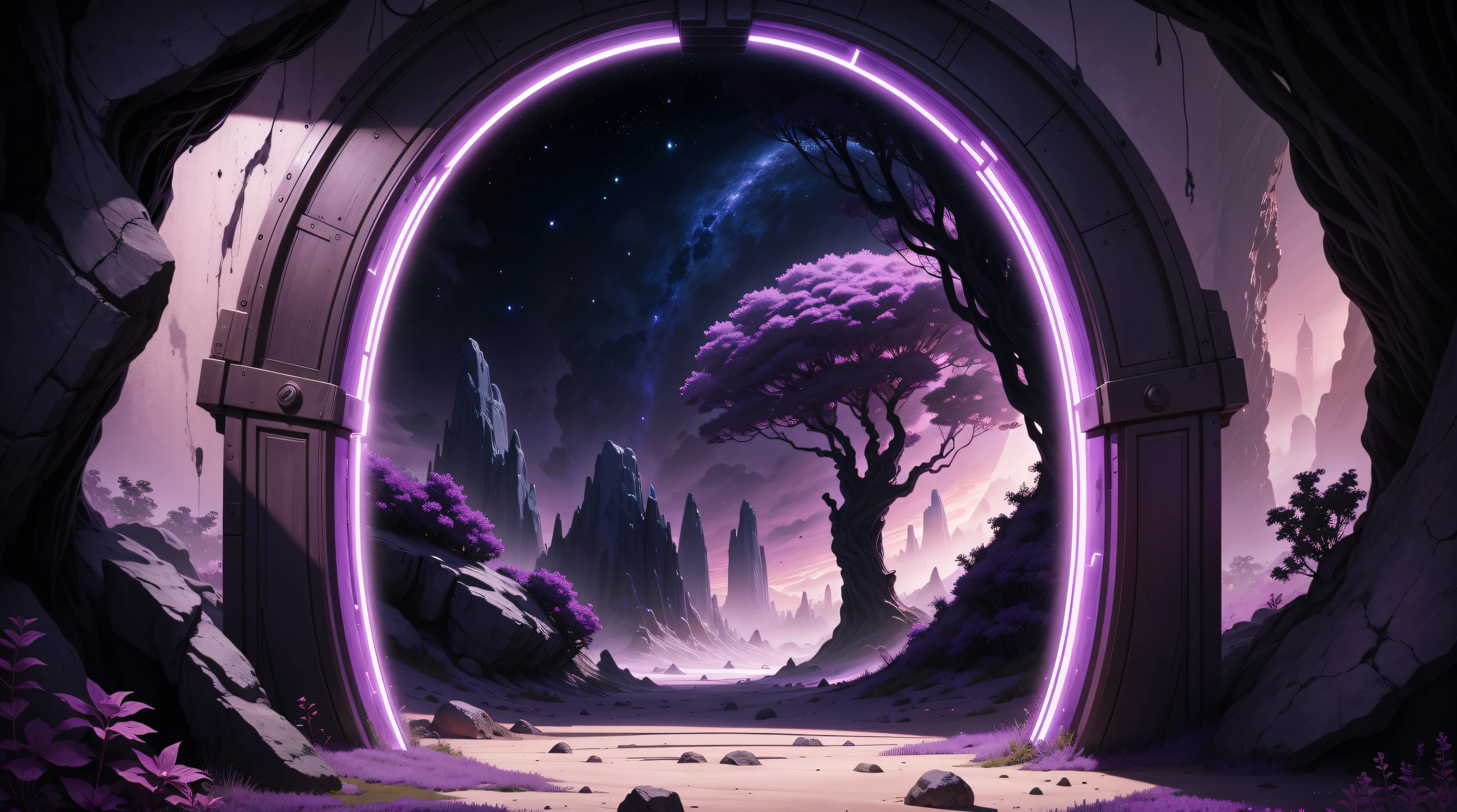 alien planet with lots of purple vegetation and an open dimensional doorway in the middle