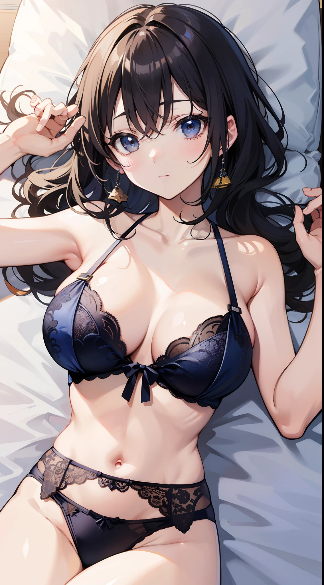 masutepiece、hight resolution、1girl in、in one's underwear only、Dark blue lingerie、large full breasts、Lying on your back in bed、Cute anime illustration、