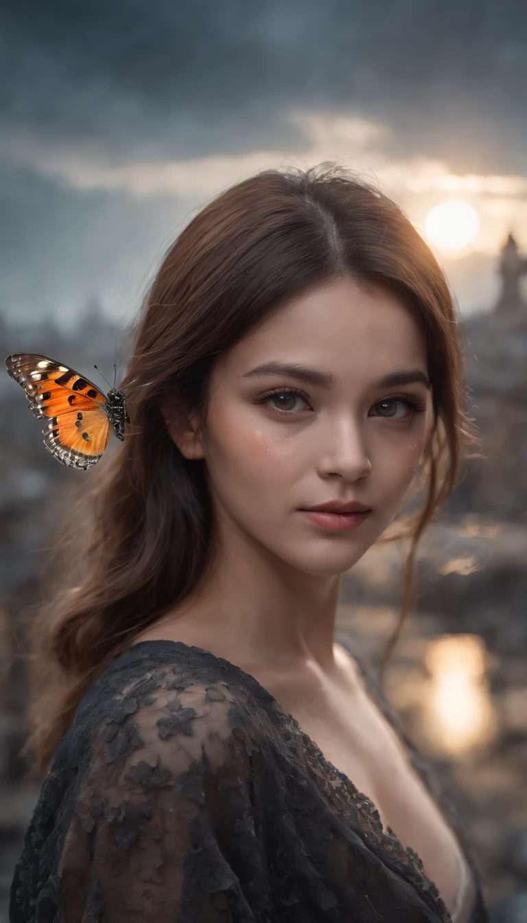 'An ultra-detailed hyper-realistic photograph, super darkness Ultra-realistic depiction of a  girl, sitting with sorrow, agony, ((dried tears drops)), messy and curl hair, dusty face and cloth,(( a destructed city in background, fire, ((human corpse on ground)), some people are crying, destroyed building)), ((a butterfly sits on her finger)),[ (((she is looking at the butterfly with hope and a little bit smile a sun ray lighting her face)))], hyper detailed, dynamic color, black and gray shade, super emotional picture, set against a hauntingly dark backdrop and surrounded by swirling dark smoke. The image should be in a captivating ((9:16 format)),32k, Ultra HD |, dystopian city dynamic pose, Beautiful detailed symmetrical green eyes, 30-megapixels, 4k, Canon EOS 5D Mark IV DSLR, long exposure time, f/8, ISO 100, shutter speed 1/125, diffuse-back-lighting,front facing camera, staring at the camera,facial-symmetry, Ultra-detailed photography, global ilumination, Suave, ultra-high def, 8k, Motor Unreal 5, Ultra Sharp Focus, rewarded photography, tendencias'', 20 years old, filipino woman, philippines