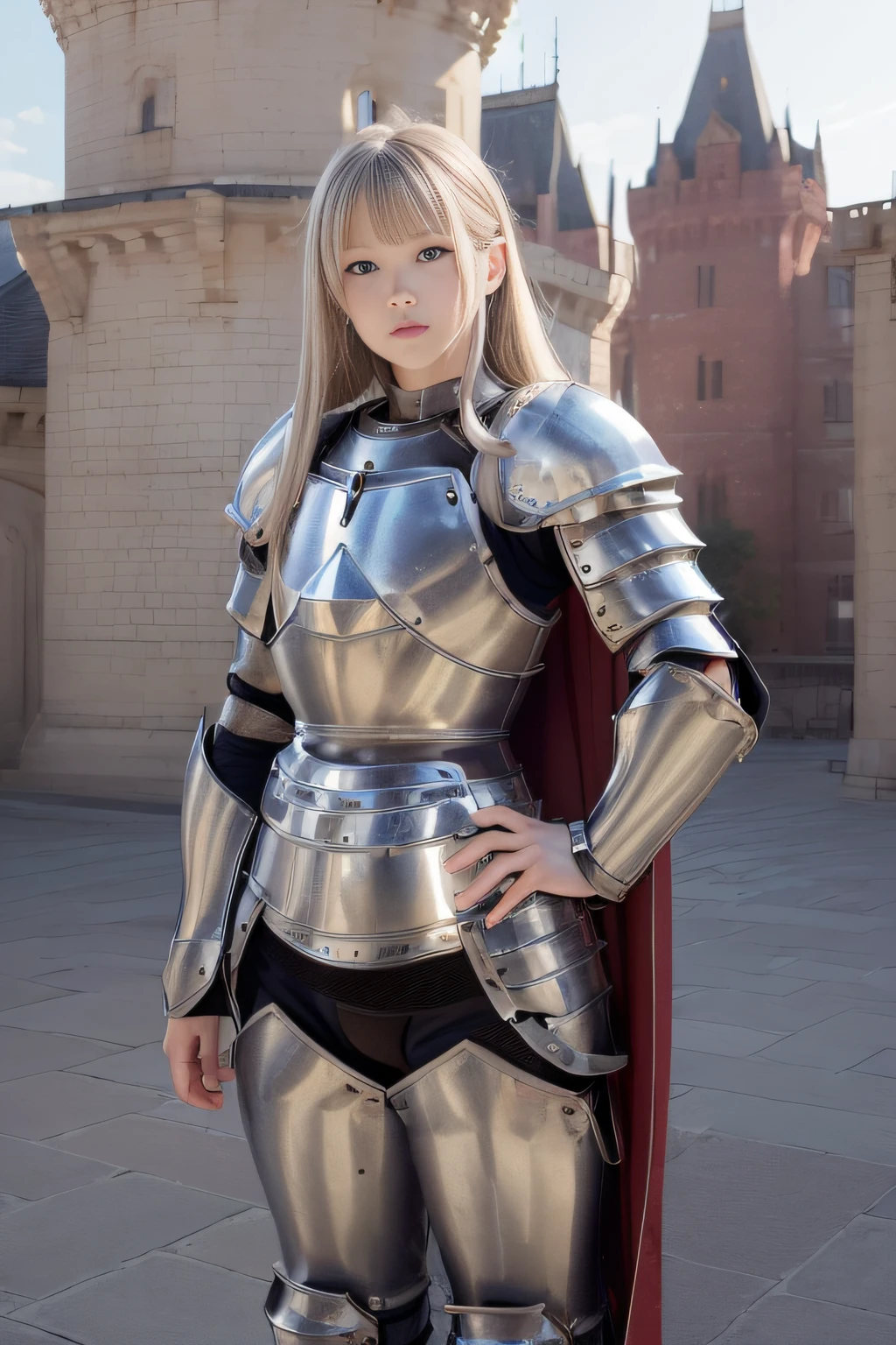best qualtiy、masutepiece、超A high resolution、(Photorealistic:1.4)、infp young woman、(modeled:1.2)、small head、a small face、blonde  hair、long legged、(Decorated night helmet covering the ears:1.3)、(Richly decorated white full-body armor:1.3)、Tight waist armor、(Falls Armor:1.9)、(Silver crotch protector:1.4)、Leg armor、(red cloak:1.3)、(Full body:1.4)、Appearance without makeup、smil、(the perfect body:1.7)、Castle background、By Michelangelo