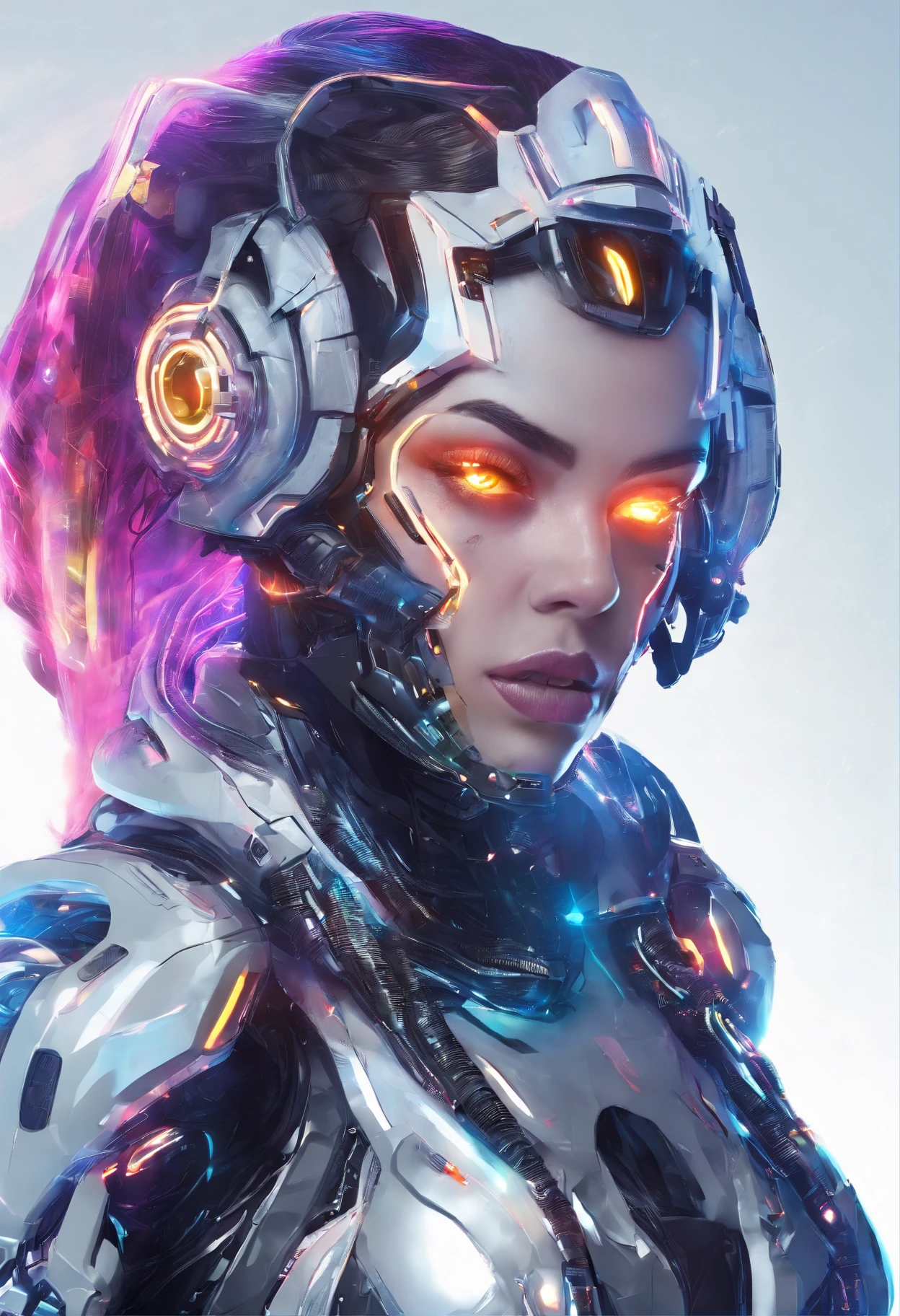 (female Protogen),cyberpunk,mechanical,glowing eyes,metallic surface,digital display,advanced technology,futuristic,neon lights,electromagnetic field,sharp edges,streamlined design,digital organism,biomechanical,mysterious atmosphere,glass visor,enhanced senses,energetic pose,invisible circuits,holographic projections,colorful wires,female cyborg