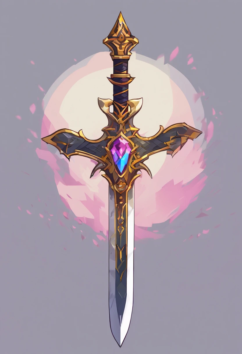 um close up de uma espada com um design dourado e roxo con una rosa blanca white rose, design de espada, espada de fantasia, espada enorme, arte da arma do RPG de fantasia, espada bonita, espada grande, Espada de fantasia de guerreiro, espada grande, Espada de Ouro, epic fantasy weapon art, war blade weapon, arte de armas de warcraft blizzard, arte conceitual de arma, intricate fantasy spear, Espada de corrente no outro, Item de jogo de RPG, espada dentro do escudo, estilo terceira classe Ronan do jogo Grand Chase, preto com detalhes dourados