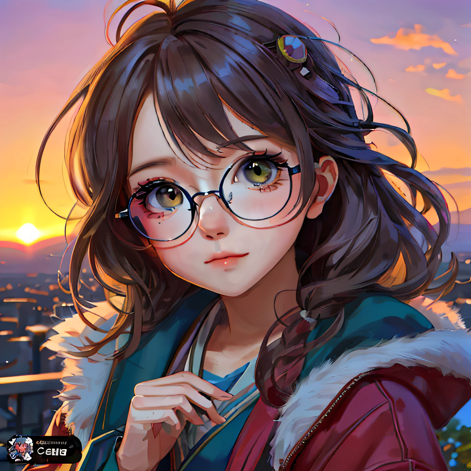 Anime girl looking at the camera with glasses and red jacket, Guviz-style artwork, Anime style portrait, Kawaii realistic portrait, detailed portrait of an anime girl, a beautiful anime portrait, anime moe art style, Detailed digital anime art, Digital anime illustration, realistic anime artstyle, Cute anime girl portrait, portrait anime girl, Realistic anime art style,ssmile