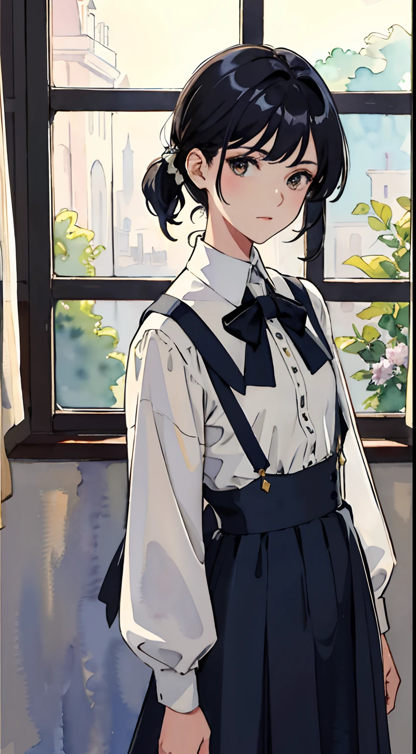 ((Watercolor by singer Sargent))、(top-quality、masterpiece)、1girl in、sixteen years old、A stunning、Short black hair、校服、long skirt、a room、Window、small tits、tiny chest、