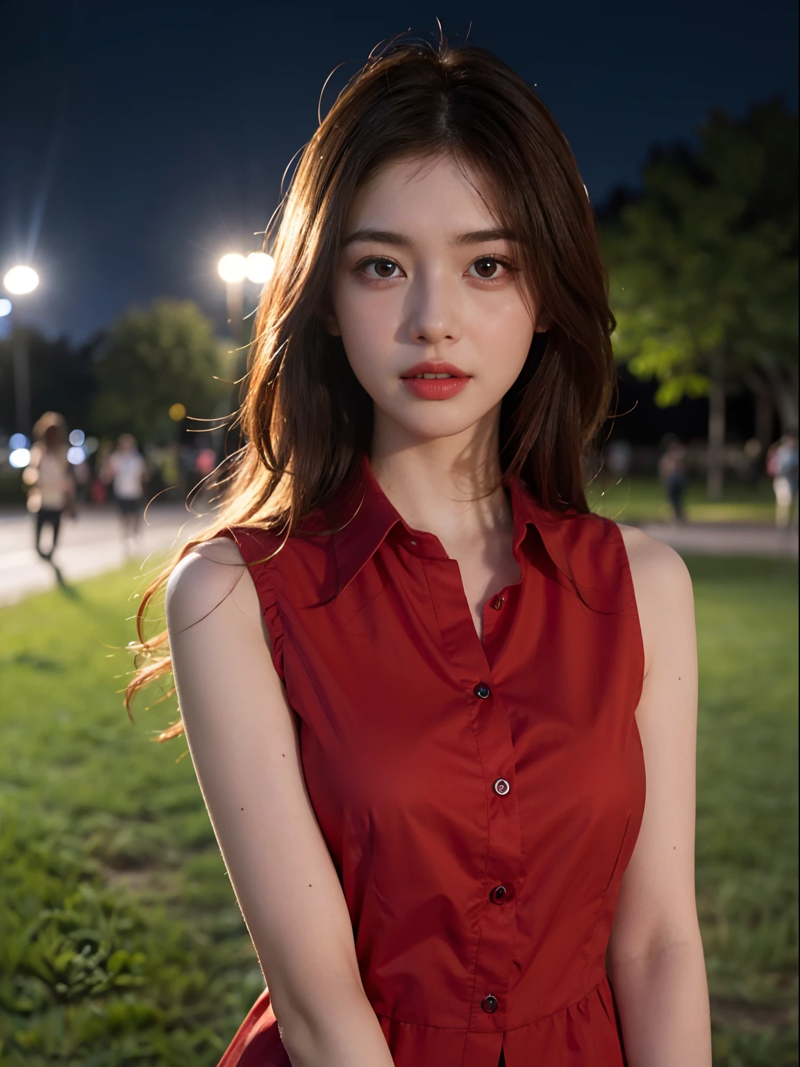 best quality, realistic, ultra high res, (photorealistic1.4), red eyes, red hair, sleeveless red button shirt, 1girl, solo, glowing eyes, night, in the park, ((puffy eyes)), (((looking at viewer))), ((closeup)),