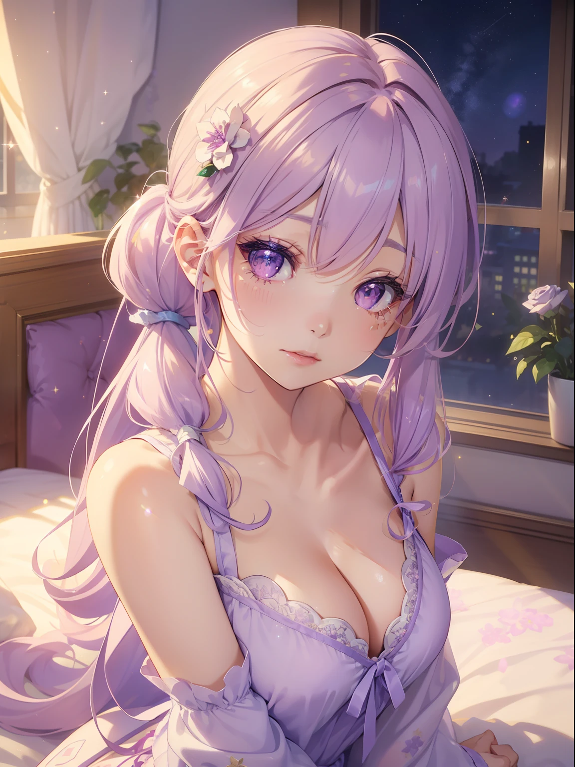 masutepiece, High resolution, 8K, anime woman, Delicate and detailed writing 、Detailed digital illustration、(((Straight pigtail)))、Shiny hair、Bangs、a very beautiful woman、Eyes are double, Large, (((Bust is an A cup)))、High image quality, High quality、Detailed background、(((Wearing cute nightwear in white and lilac)))、((Beautiful blue sky and flower garden))、The inside of the eye shines like a diamond、Light purple hair、Gradient pupil、(((2 arms、4 fingers, 1 thumb)))、Detailed female face、Very beautiful and cute woman、、细致背景、masterpiece、Soft Focus , Bright gradient watercolor , Lens Flare , (((Glitter))) , Glow , Dreamy , Light Purple Ribbon、Very Beautiful Light Purple Rose Hair Accessories、Light purple and gold costume with white as the main color、((Straight at the angle of the front))、yawning being、Sleepy face、Night Background、Background of 1 star