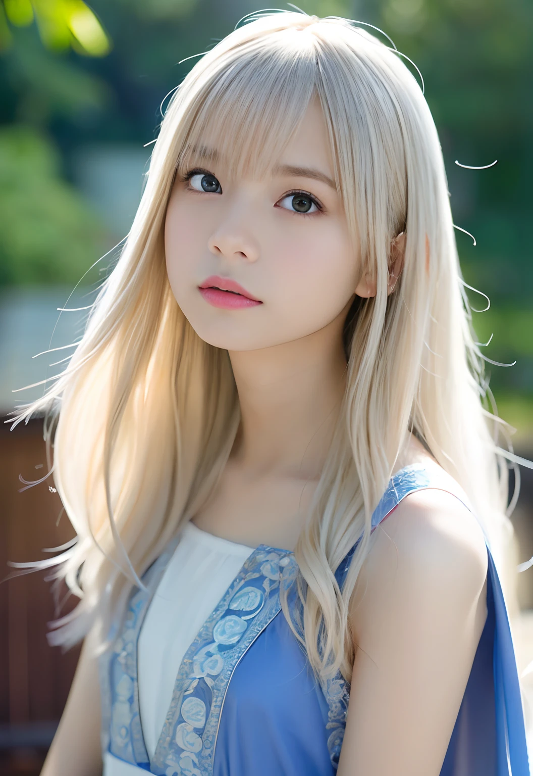 RAW Photography、(((Portrait of extreme beauty)))、((Shining white beautiful skin))、女の子1人、14-year-old cute beautiful girl in Prague、((Glossy bright platinum blonde hair))、Hair hanging in front of the face、[attractive whitish light blue eyes,]、silky fine hair、stright long hair、eye liner、bangss、Hair between the eyes、Fluttering hair、a little bit smile、((​masterpiece、top-quality、ultra-detailliert、Film Light、intricate-detail、hight resolution、8k、ighly detailed))、细致背景、8k uhd、Digital SLR、Soft Light、hightquality、Film Grain、FUJIFILM XT3 、Shallow depth of field、natural soft light、（perfect hand）、Perfect beautiful face、((tiny chest、straight flat chest、Chest without bulge))
