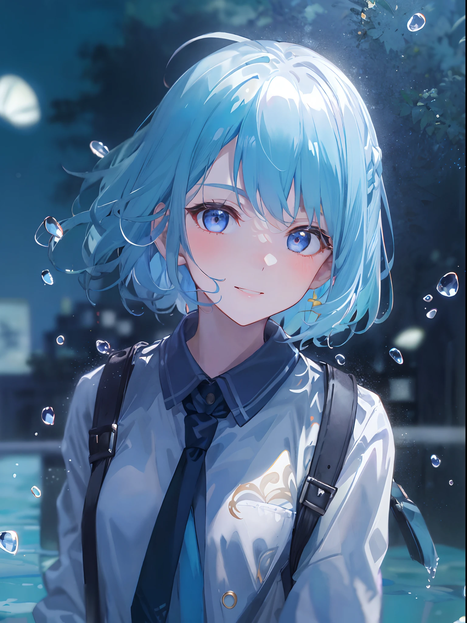 ((top-quality)), ((masterpiece)), ((ultra-detailliert)), (extremely delicate and beautiful), girl with, 独奏, cold attitude,((Black jacket)),She is very(relax)with the(Settled down)Looks,A dark-haired, depth of fields,evil smile,Bubble, under the water, Air bubble,bright light blue eyes,Inner color with light blue hair and dark blue tips,Cold background,Bob Hair - Linear Art, shortpants、knee high socks、White uniform like school uniform、Light blue ribbon ties、Clothes are sheer、Hands in pockets