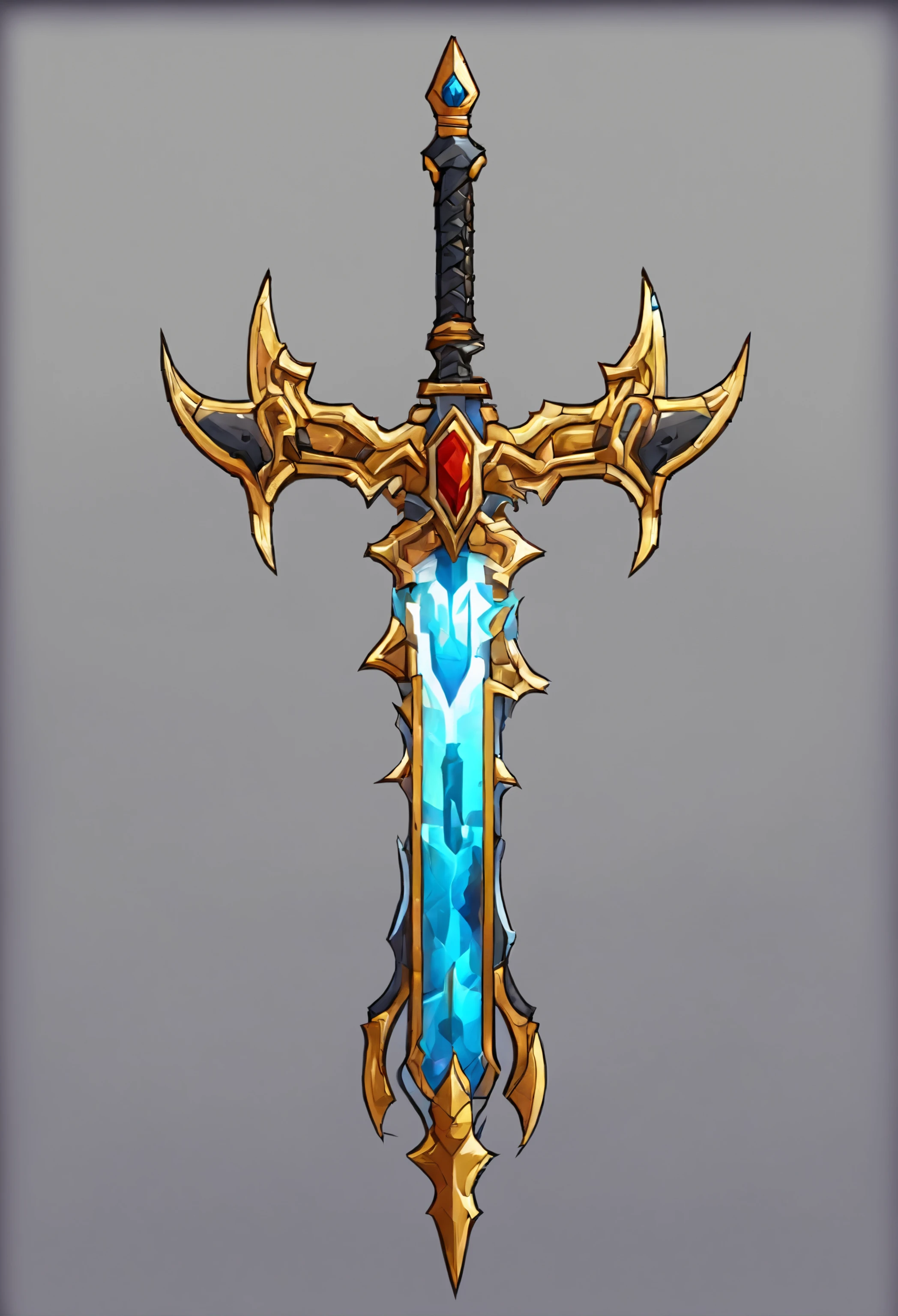 um close up de uma espada com um design dourado e roxo, design de espada, espada de fantasia, espada enorme, arte da arma do RPG de fantasia, espada bonita, espada grande, Espada de fantasia de guerreiro, espada grande, Espada de Ouro, epic fantasy weapon art, war blade weapon, arte de armas de warcraft blizzard, arte conceitual de arma, intricate fantasy spear, Espada de corrente no outro, Item de jogo de RPG, espada dentro do escudo, estilo terceira classe Ronan do jogo Grand Chase, preto com detalhes dourados