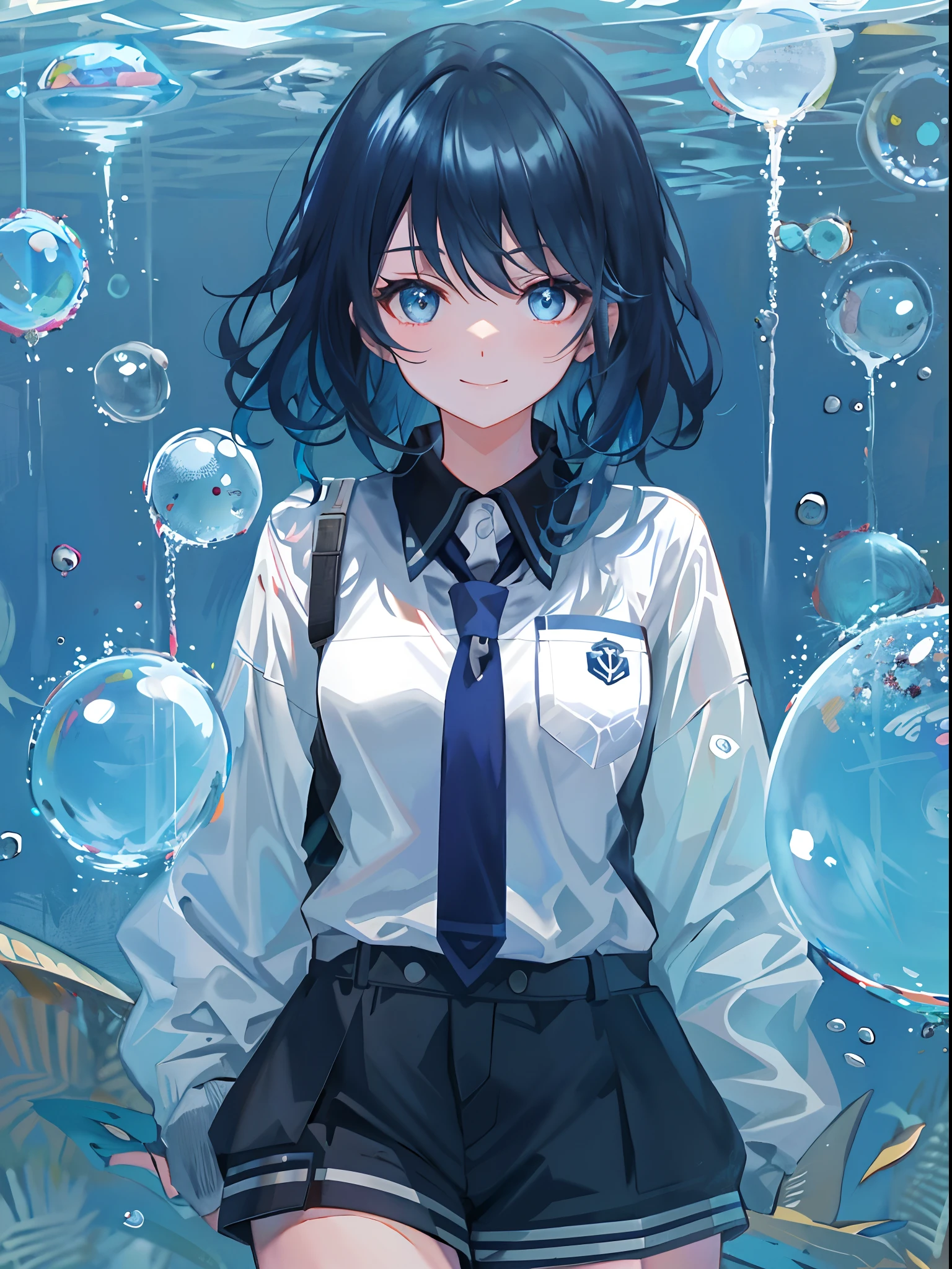 ((top-quality)), ((​masterpiece)), ((ultra-detailliert)), (extremely delicate and beautiful), girl with, 独奏, cold attitude,((Black jacket)),She is very(relax)with  the(Settled down)Looks,A dark-haired, depth of fields,evil smile,Bubble, under the water, Air bubble,bright light blue eyes,Inner color with black hair and light blue tips,Cold background,Bob Hair - Linear Art, shortpants、knee high socks、White uniform like school uniform、Light blue ribbon ties、Clothes are sheer、Hands in pockets