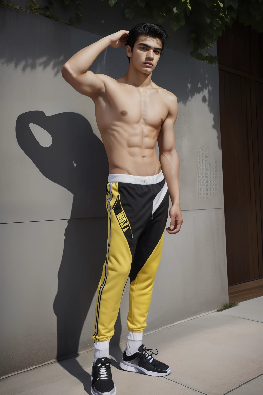 ultra realistis, Masterpiece, Best Quality, Topless teenager 18 years old, black  hair, masculine face, hairy body, Nike sneakers, full body view, Puma yellow and black sweatpants, white socks