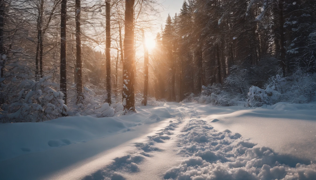 ((hight resolution,8K)), Highly detailed detail,Crisp focus:1.2,Snow close-up, Macro Close Shot, On flat snow, Smooth snow, Forest in the background, depth of fields