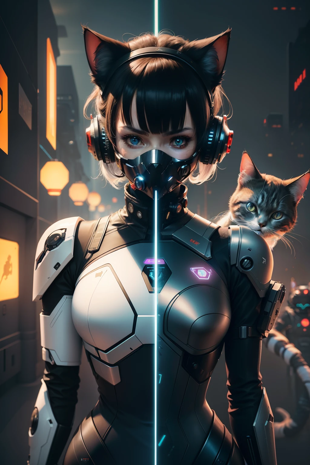 A woman in a futuristic outfit with a cat on her shoulder - SeaArt AI