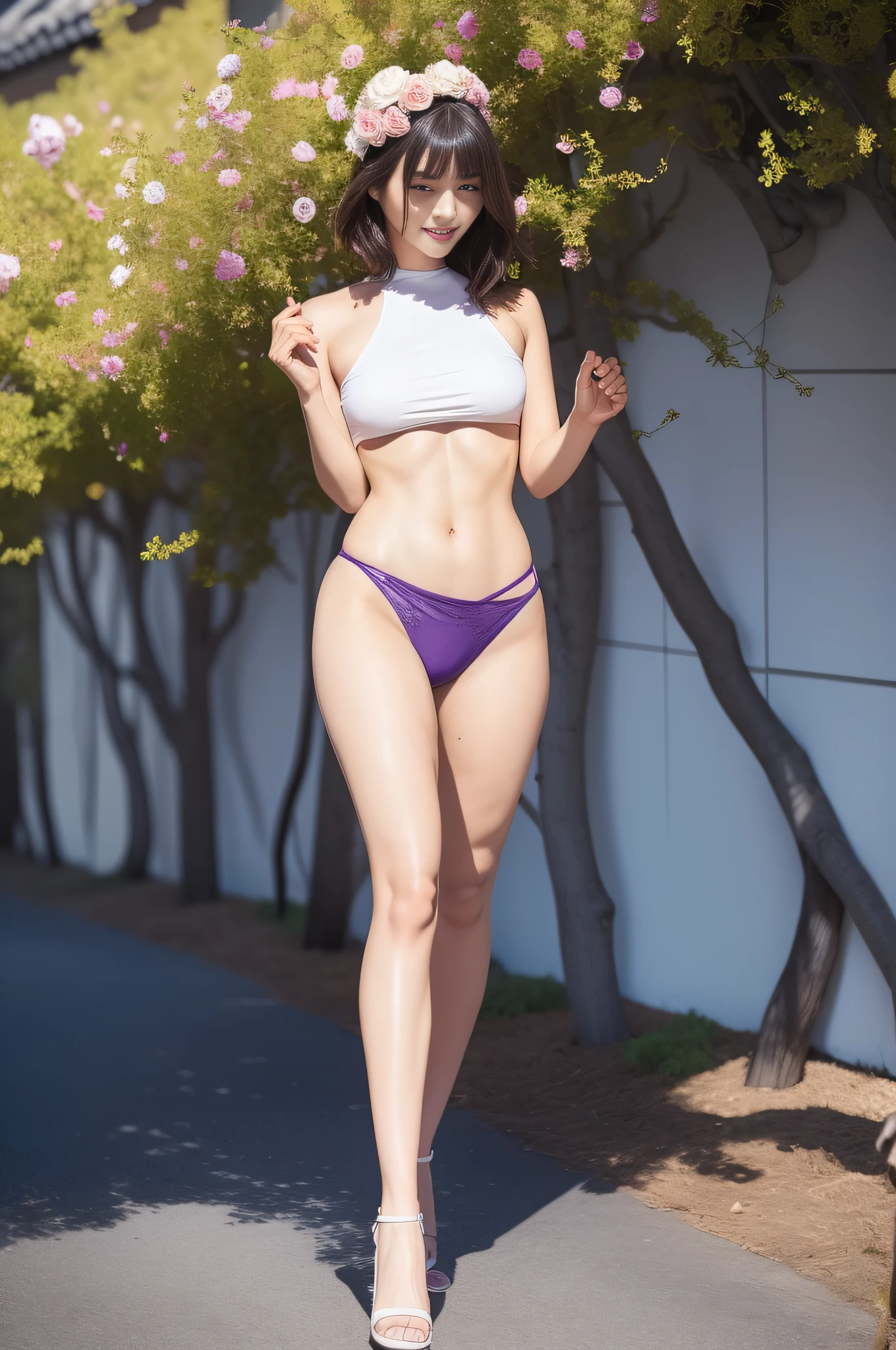 1womanl, Breathtakingly beautiful, slimfigure:1.1, Strong abs, brown  hair，extremely short hair，bob hair，Super detailed face, Detailed lips, A detailed eye, 二重まぶた，Best quality，tmasterpiece，黑The eye，shiny skins，sunflare，an award winning photograph,Healthy body, with dynamism, Photorealistic, Realistic, Dramatic, Leigh's focus, 8K，20yr old，fully body photo（top-quality，8K，tmasterpiece：1.3），Sharp focus：1.2，Beautiful Women in Perfect Figure：1.4，Plump body type，The abdomen is slender：1.2，（Layered Hair Style：1.2），Large breasts：1.3，Purple dress skirt，Sling mounted，（distance：1.3），Moist body：1.1，Very delicate face and skin texture，Detailed eyes，Raised sexy，Real skin，Real eyebrows，Wide-angle photo of the Great Wall of China，The vista has the Great Wall、evening light，Catwalk pose，Gaze towards the viewer，With a smile，There are flowers on the clothes，There are flowers on the head。