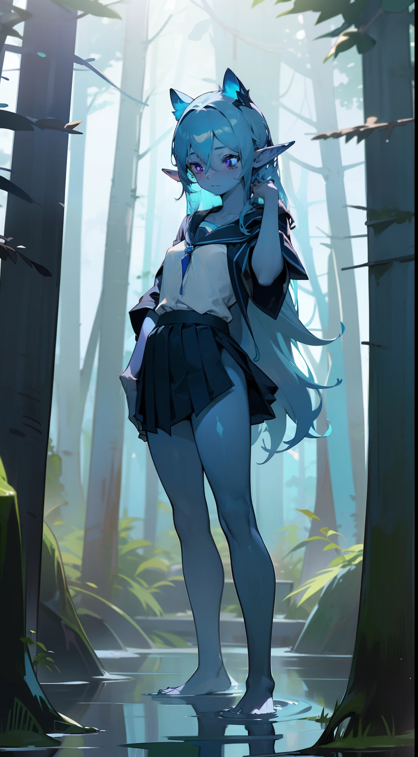 1girl water spirit,20s,solo,(((blue skin))),shy face,white school shirt,black scholl skirt,small tits,light blue hair,long hair,sexy pose,purple eyes,elves ears,lustrous body,barefoot,hands in hair,(((standing in front of a forest)))