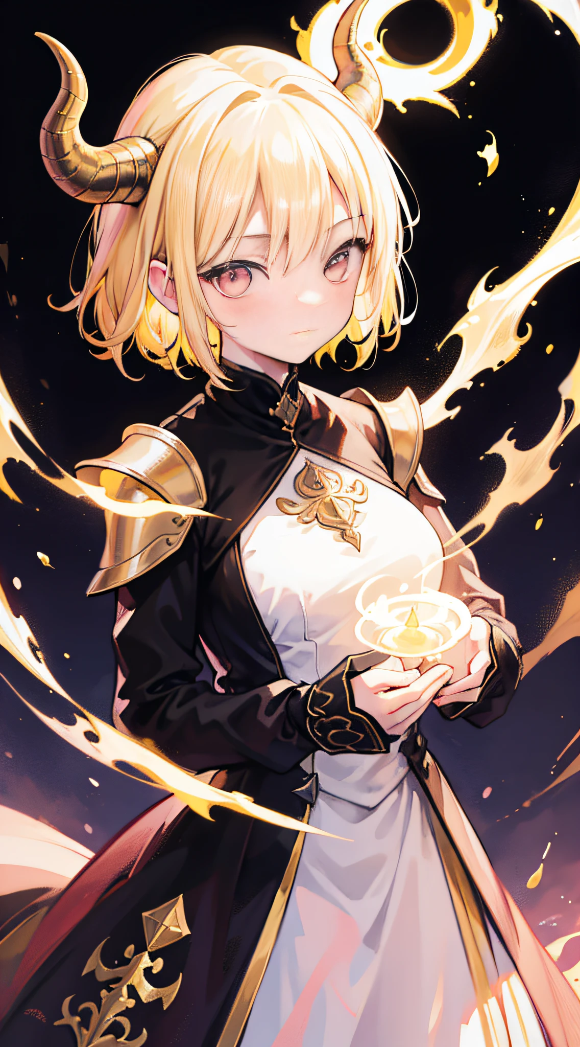 (Girl with dragon horns, Short hair, Light yellow hair), Pink eyes, Shy,Light smile,Reflective, Subtle blush, Black coat, (Best quality, mediating: Oil painting), full bodyesbian, Detailed background, Vibrant colors, Soft lighting, mystical ambiance, Ethereal beauty, Magical elements