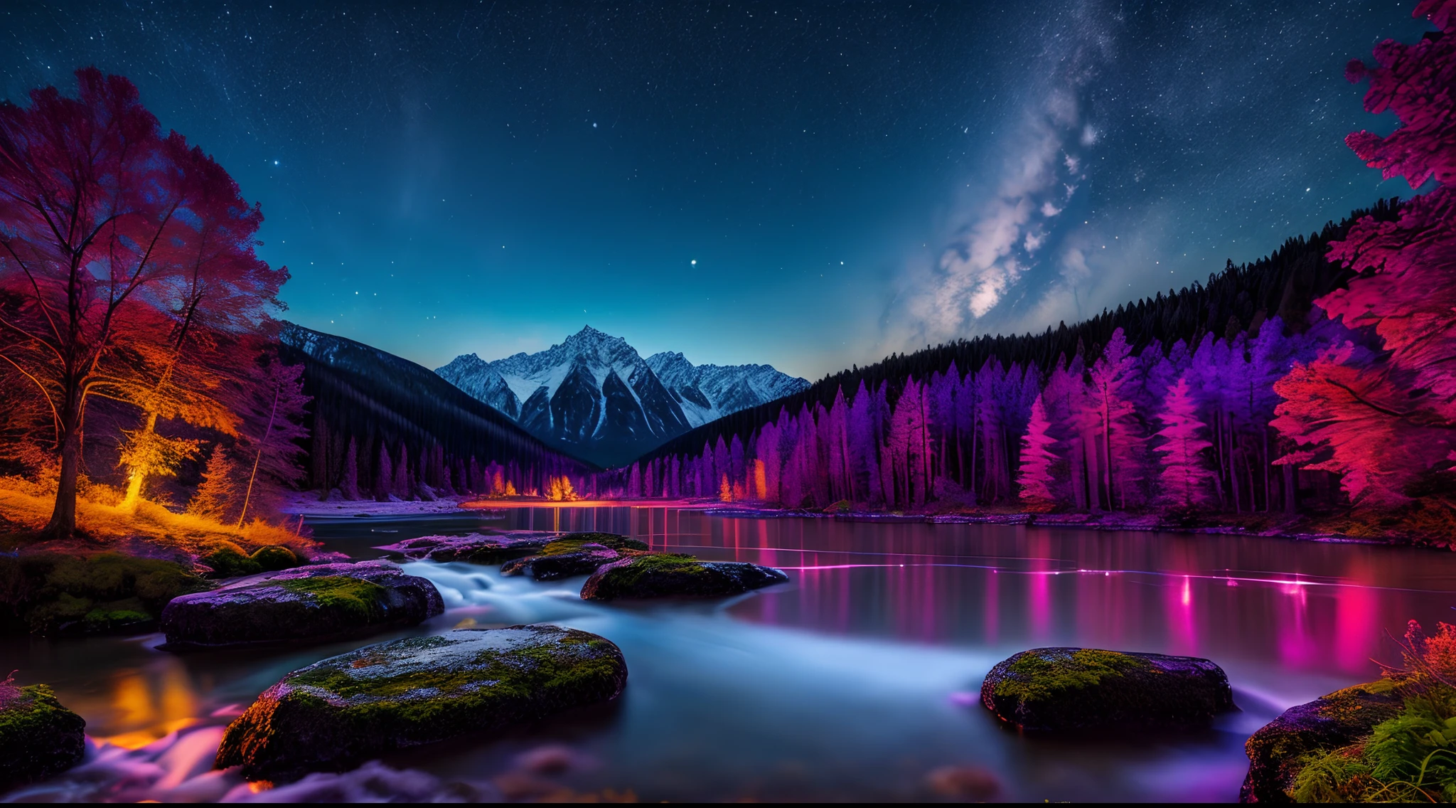 best quality, masterpiece, beautiful wild and natural fantasy landscape with glowing lights