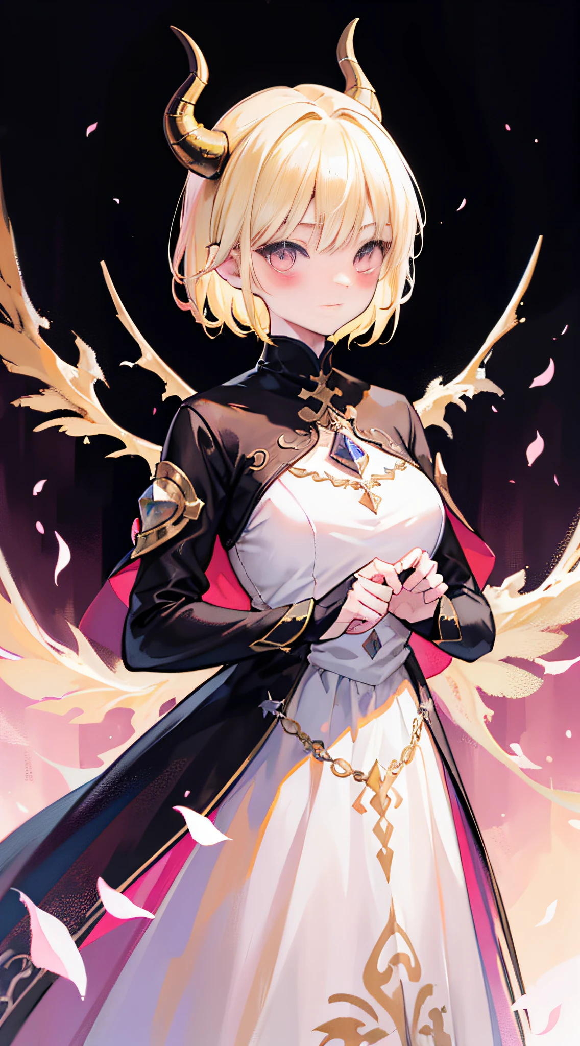 (Girl with dragon horns, Short hair, Light yellow hair), Pink eyes, Shy,Light smile,Reflective, Subtle blush, Black coat, (Best quality, mediating: Oil painting), full bodyesbian, Detailed background, Vibrant colors, Soft lighting, mystical ambiance, Ethereal beauty, Magical elements