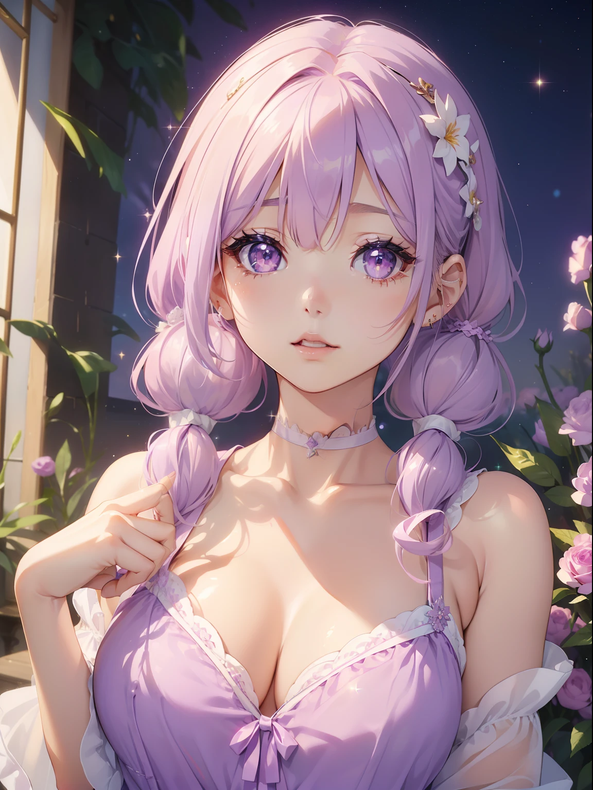 masutepiece, High resolution, 8K, anime woman, Delicate and detailed writing 、Detailed digital illustration、(((Straight pigtail)))、Shiny hair、Bangs、a very beautiful woman、Eyes are double, Large, (((Bust is an A cup)))、High image quality, High quality、Detailed background、(((Wearing cute nightwear in white and lilac)))、((Beautiful blue sky and flower garden))、The inside of the eye shines like a diamond、Light purple hair、Gradient pupil、(((2 arms、4 fingers, 1 thumb)))、Detailed female face、Very beautiful and cute woman、、细致背景、masterpiece、Soft Focus , Bright gradient watercolor , Lens Flare , (((Glitter))) , Glow , Dreamy , Light Purple Ribbon、Very Beautiful Light Purple Rose Hair Accessories、Light purple and gold costume with white as the main color、((Straight at the angle of the front))、yawning being、Sleepy face、Night background、1 Star Background