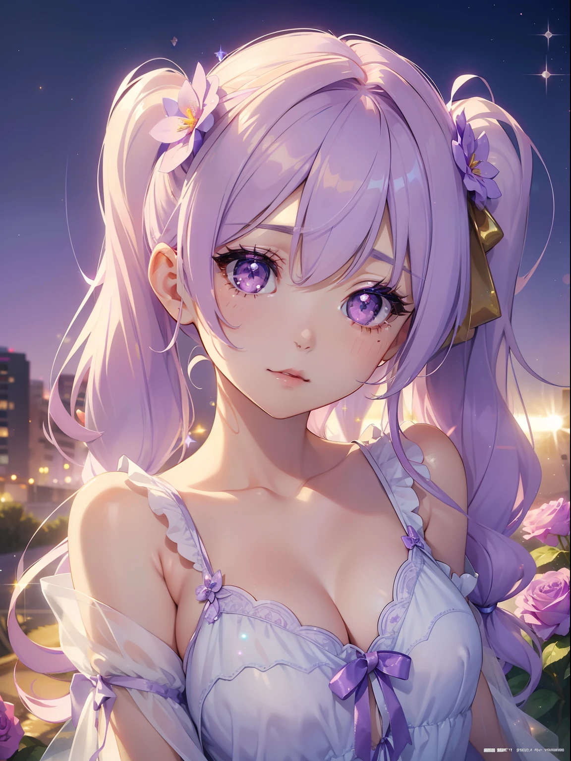 masutepiece, High resolution, 8K, anime woman, Delicate and detailed writing 、Detailed digital illustration、(((Straight pigtail)))、Shiny hair、Bangs、a very beautiful woman、Eyes are double, Large, (((Bust is an A cup)))、High image quality, High quality、Detailed background、(((Wearing cute nightwear in white and lilac)))、((Beautiful blue sky and flower garden))、The inside of the eye shines like a diamond、Light purple hair、Gradient pupil、(((2 arms、4 fingers, 1 thumb)))、Detailed female face、Very beautiful and cute woman、、细致背景、masterpiece、Soft Focus , Bright gradient watercolor , Lens Flare , (((Glitter))) , Glow , Dreamy , Light Purple Ribbon、Very Beautiful Light Purple Rose Hair Accessories、Light purple and gold costume with white as the main color、((Straight at the angle of the front))、yawning being、Sleepy face、Night background、1 Star Background