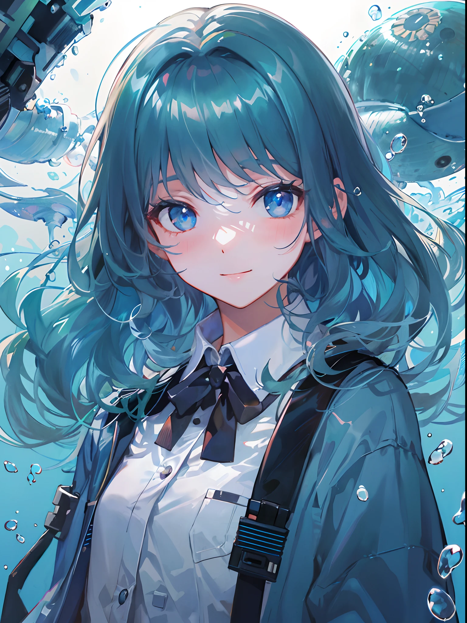 ((top-quality)), ((​masterpiece)), ((ultra-detailliert)), (extremely delicate and beautiful), girl with, 独奏, cold attitude,((Black jacket)),She is very(relax)with  the(Settled down)Looks,A dark-haired, depth of fields,evil smile,Bubble, under the water, Air bubble,bright light blue eyes,Inner color with light blue hair and dark blue tips,Cold background,Bob Hair - Linear Art, shortpants、knee high socks、White uniform like school uniform、Light blue ribbon ties、Clothes are sheer、Hands in pockets