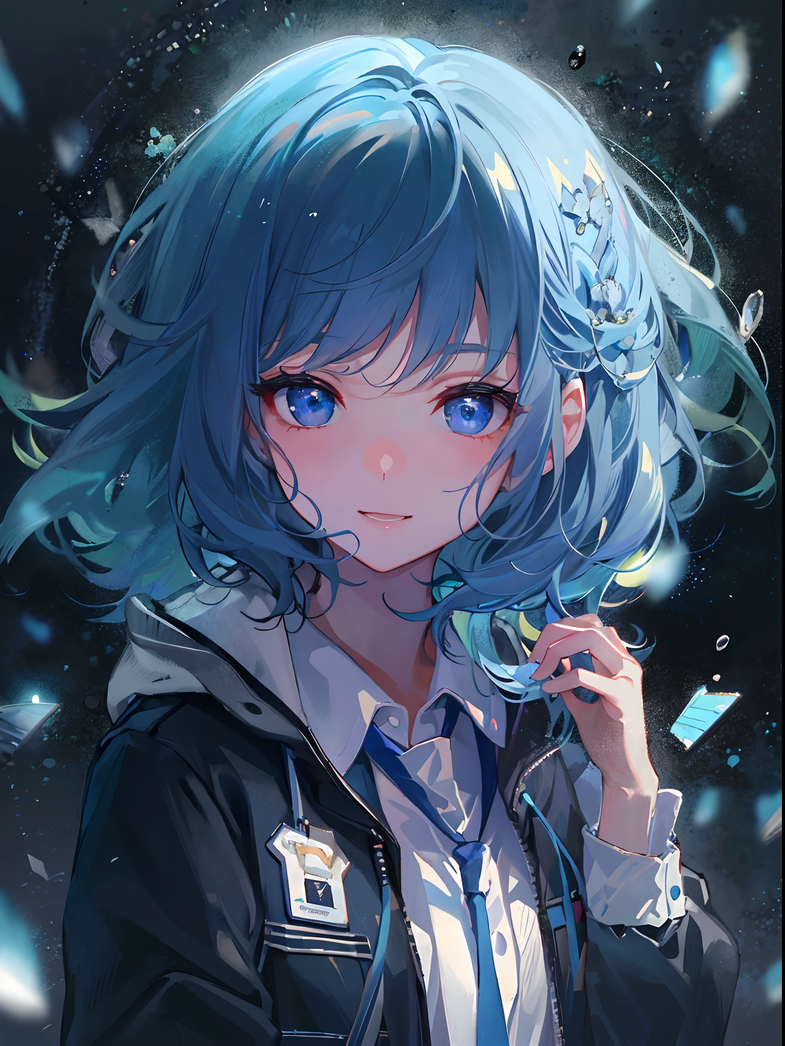 Anime girl with blue hair and blue eyes holding a cell phone - SeaArt AI