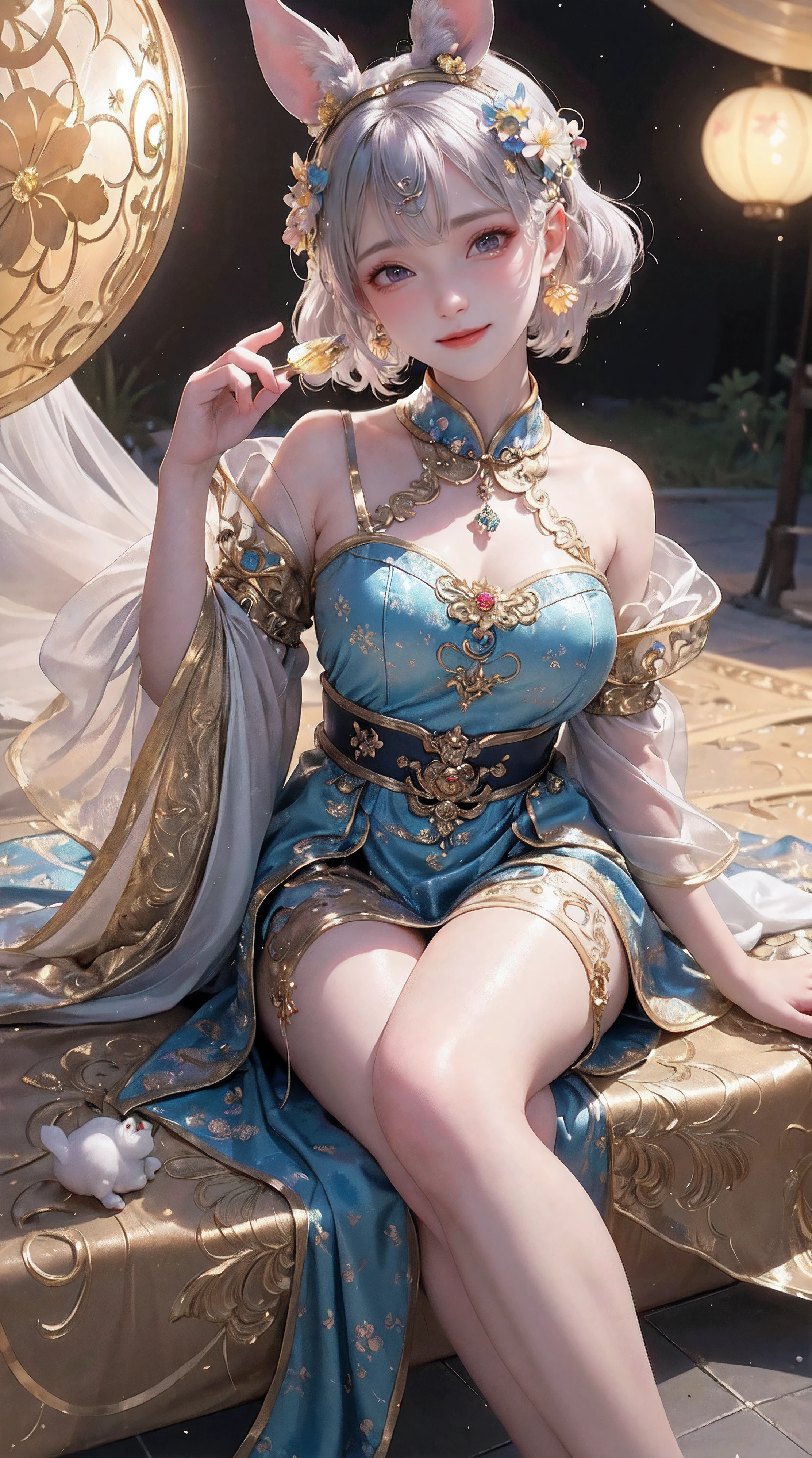 (a girl with beautiful detailed eyes,rosy lips and a radiant smile) (sits gracefully in a colorful blooming garden) (surrounded by vibrant flowers and lush greenery) (under the peaceful and gentle moonlight) (shining down from the celestial moon palace) (named after the legendary Chinese goddess Chang'e). (The girl holds a plate of delicious mooncakes) (decorated with intricate patterns and filled with sweet flavors) (symbolizing reunion and joy) (during the Mid-Autumn Festival). (A group of adorable rabbits) (playfully hop and frolic around the girl) (adding a playful and lively atmosphere to the scene).
(best quality, 4k, 8k, highres, masterpiece:1.2), ultra-detailed, (realistic, photorealistic, photo-realistic:1.37) (illustration) (crafted with meticulous brushwork and vibrant colors) (evoking the essence of traditional Chinese painting) (to create a harmonious blend of tradition and imagination). The (soft lighting) (illuminates the scene with a gentle glow) (accentuating the dream-like ambiance) (and enhancing the enchanting beauty of the girl and the garden). Additionally, the (assorted warm colors) (imbue the scene with a sense of comfort and tranquility) (while paying homage to the autumn season and the festival's traditional color palette).