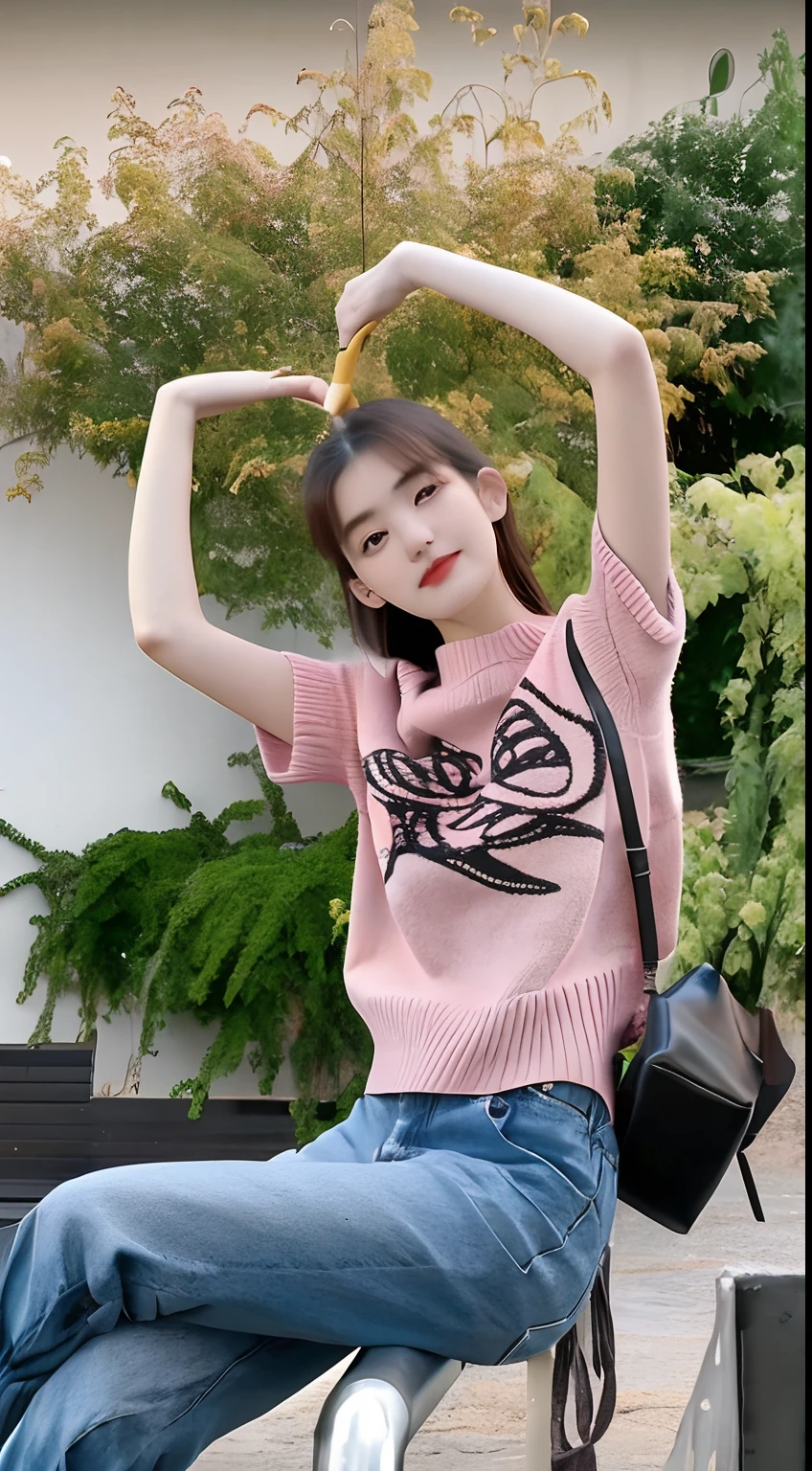 The Arad woman sat on a bench,Arms dangled, 2 0 2 0 fashion, trending at cgstation, shaxi, very very low quality, cutecore, very low quality, E-Girl, e - girl, Sweater, candid, taken in 2 0 2 0, (in pink), trending on cgstation, bae suzy