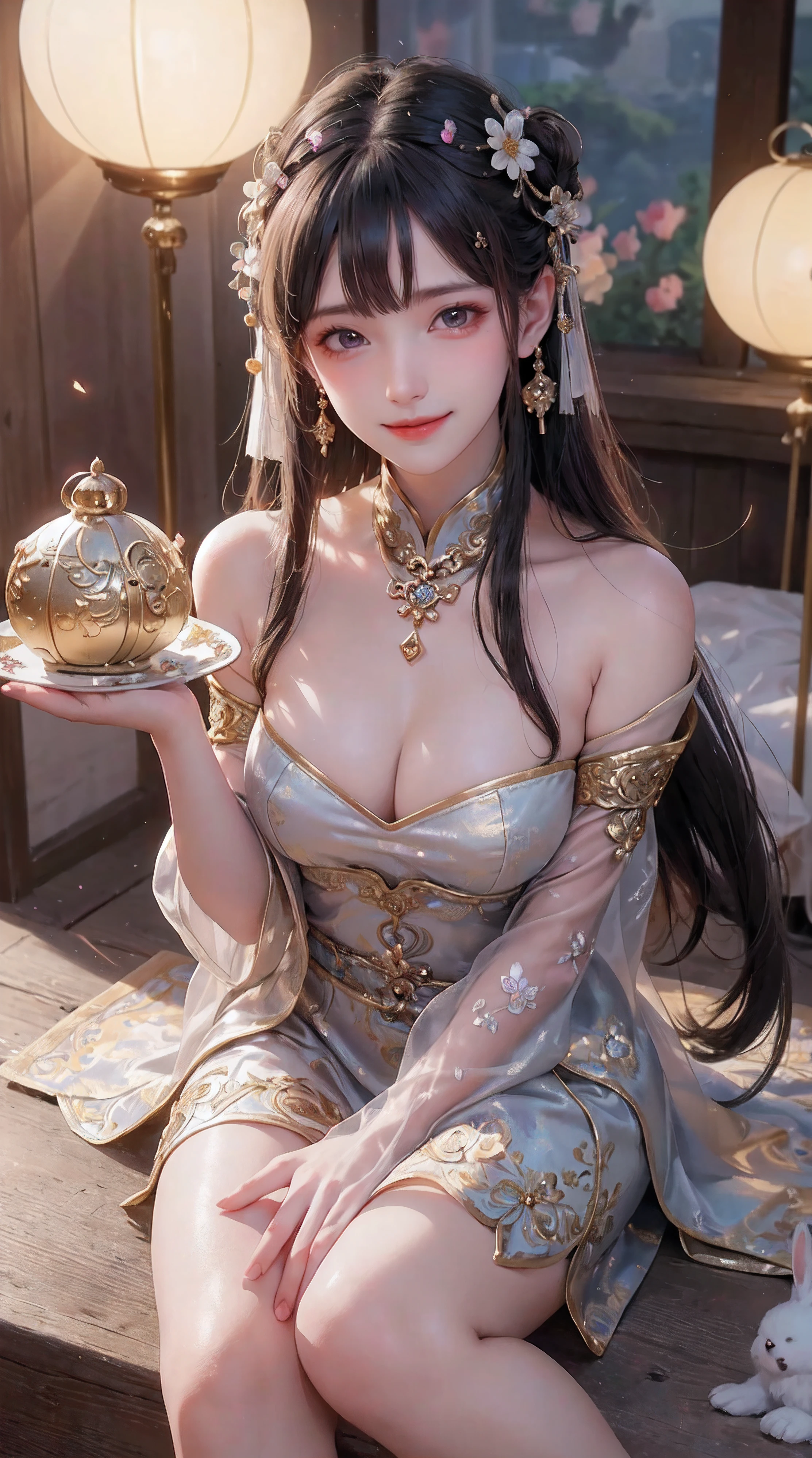 (a girl with beautiful detailed eyes,rosy lips and a radiant smile) (sits gracefully in a colorful blooming garden) (surrounded by vibrant flowers and lush greenery) (under the peaceful and gentle moonlight) (shining down from the celestial moon palace) (named after the legendary Chinese goddess Chang'e). (The girl holds a plate of delicious mooncakes) (decorated with intricate patterns and filled with sweet flavors) (symbolizing reunion and joy) (during the Mid-Autumn Festival). (A group of adorable rabbits) (playfully hop and frolic around the girl) (adding a playful and lively atmosphere to the scene).
(best quality, 4k, 8k, highres, masterpiece:1.2), ultra-detailed, (realistic, photorealistic, photo-realistic:1.37) (illustration) (crafted with meticulous brushwork and vibrant colors) (evoking the essence of traditional Chinese painting) (to create a harmonious blend of tradition and imagination). The (soft lighting) (illuminates the scene with a gentle glow) (accentuating the dream-like ambiance) (and enhancing the enchanting beauty of the girl and the garden). Additionally, the (assorted warm colors) (imbue the scene with a sense of comfort and tranquility) (while paying homage to the autumn season and the festival's traditional color palette).