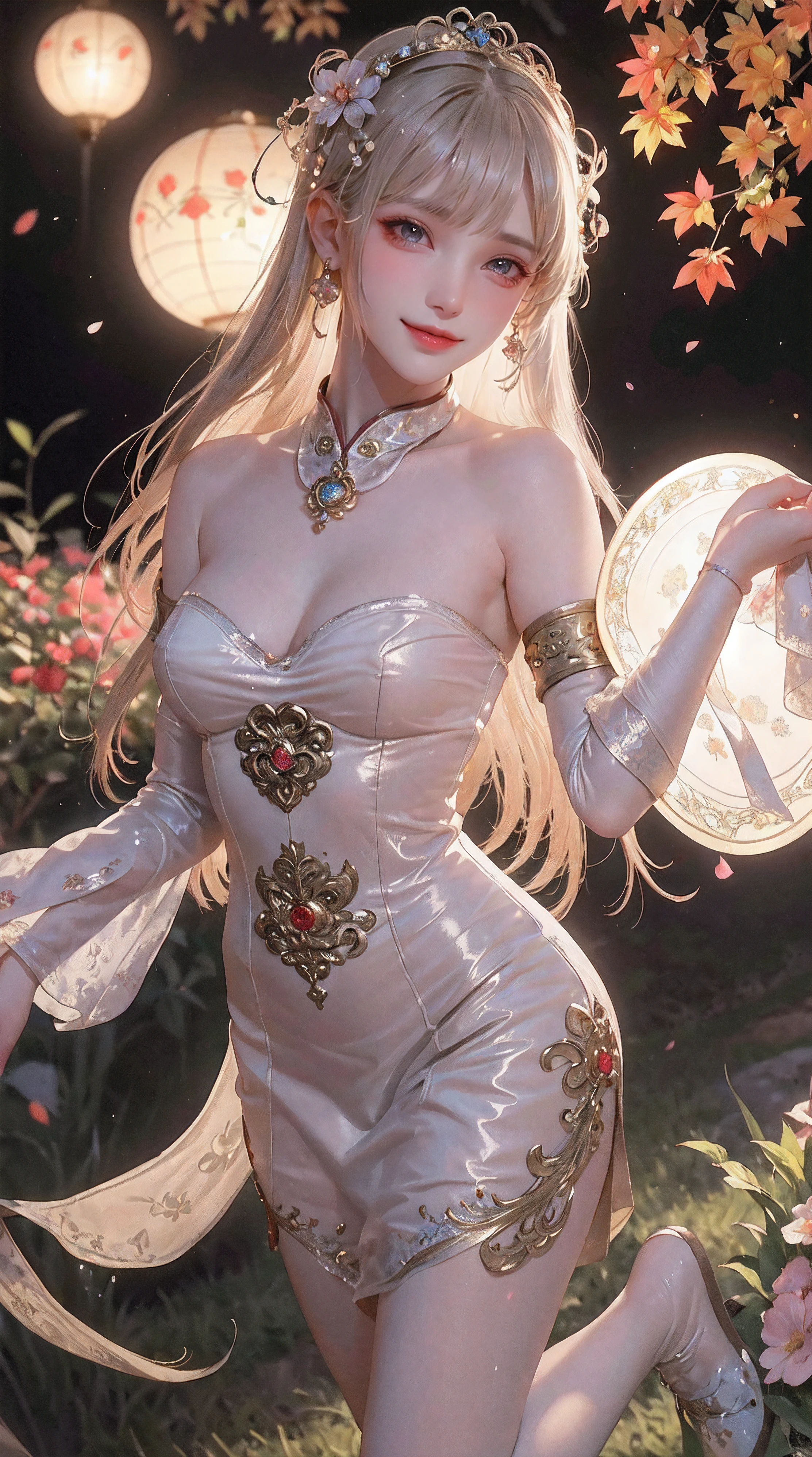 1girl,silver hair,off shoulder,red eyes,long hair,double bun,hair ornament,necklace, Beautiful dance dynamics, She gently lifted her skirt with one hand, Long legs , In the pool, ((Flowing long hair))Official Art , Unity8k Wallpaper , Extremely detailed , Visible cleavage, Pretty and beautiful , 性感Long legs, masterpiece , best quality ,Practical, Very detailed illustrations ,Extremely detailed , Intricate details , Extremely complex and detailed , Very detailed 8KCG wallpaper , Caustics .reflection , Ray Tracing , Devil theme ,nebula ,Dark aura, Network Effects , (1 girl)solitary , 小蓝Butterfly , There are dozens of monarch butterflies around , (Blue plasma flame , (insect , Butterfly)) Pastel tones in Rococo style ,Light white and light dark red , Incredibly beautiful , Cherry blossoms , Surrealism ,painting , Ethereal , Mixing reality and fantasy elements ,Ray Tracing , Complex Mode , Exquisite lines , Perfect your hands, Starry Sky , Colorful , Star