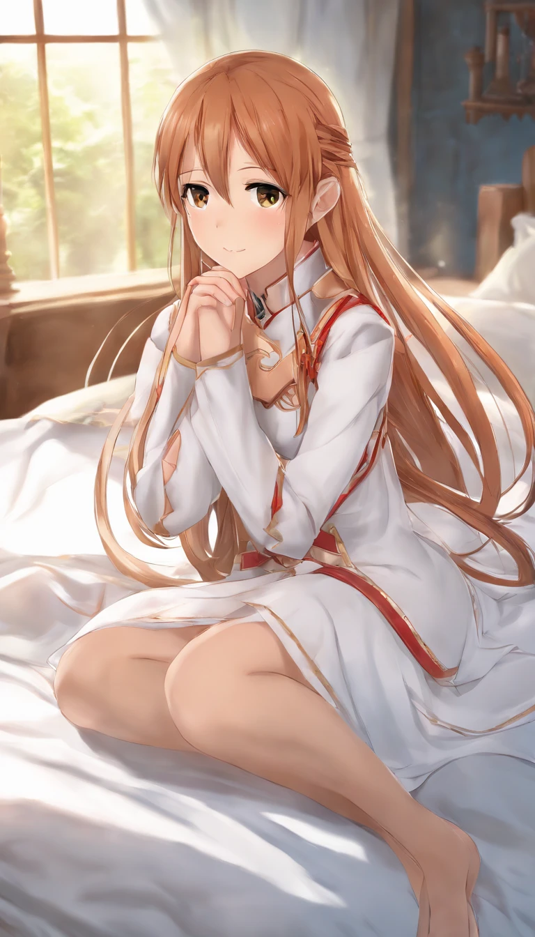asuna, asuna_(sao), 1girl, fantasy, highres, looking_away, looking_to_the_side, original, realistic, scenery, Close-up, upper_body, smiling, action pose,on_bed,