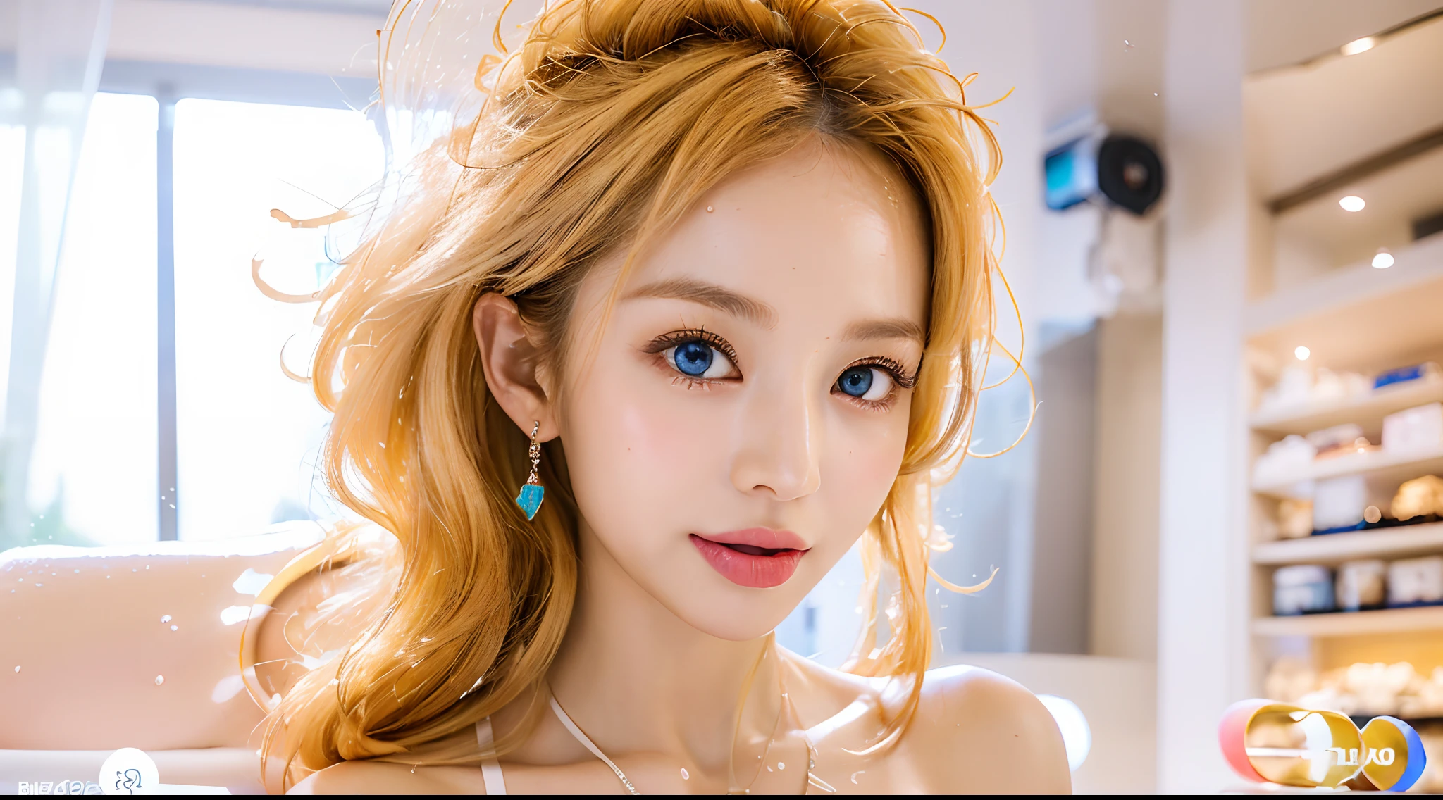 Very pretty cute girl, (Masterpiece:1.3), (8K, Photorealistic, Raw foto, Best Quality:1.4), Sharp focus:1.2, a beautiful woman with perfect figure:1.4, Slim Abdomen:1.2, ((Layered Haircut)), (((Huge breasts :1.6))), (((bare ass))),(shaved pubic hair), (Wearing a white transparent extreme micro bikini,), Highly detailed face and skin texture, Detailed Eyes, photorealistic eyes, Beautiful detailed eyes, (Realistic skin), Attractive, The ultra-Highres, ultra realisic, highly detaild, Golden proportions, (detaled face:1.2), looking up at viewer, Smile, Full Body Shot, (((()))), (((Sitting with legs bent at the knees))), (beautiful blue eyes, Gorgeous pale pink curly hair, White skin, Slim Abdomen, Perfect slim figure), (her crotch is wet), ((Kneeling in a department store to entertain customers)), ((In high-angle shots)), (Stick out your tongue and open your mouth:1.2), (I looked up in the eyes:1.3),