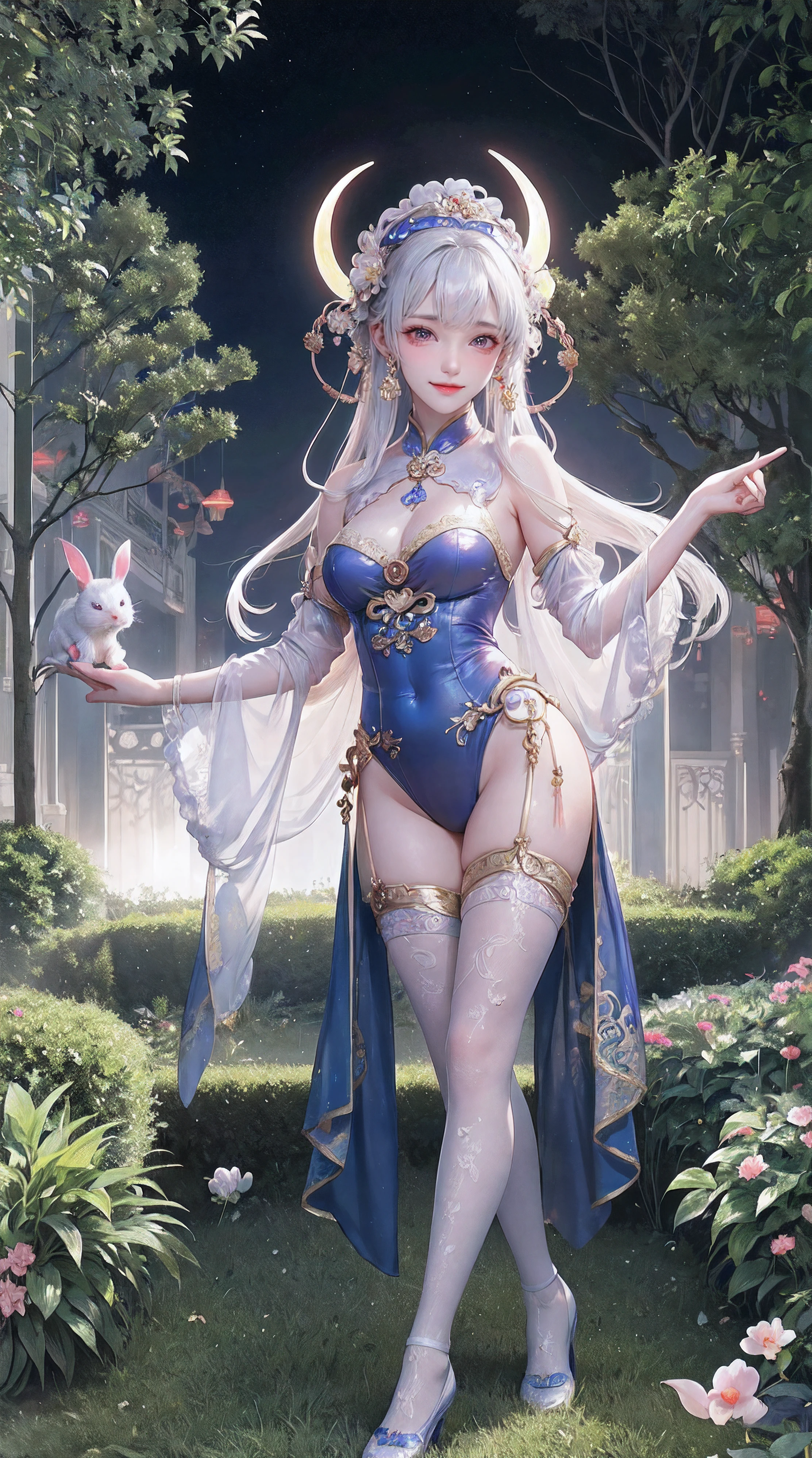 (a girl in a garden,moon palace,Chang'e,mooncakes,rabbits),best quality,ultra-detailed,realistic:1.37,illustration,traditional Chinese painting,harmonious colors,soft lighting