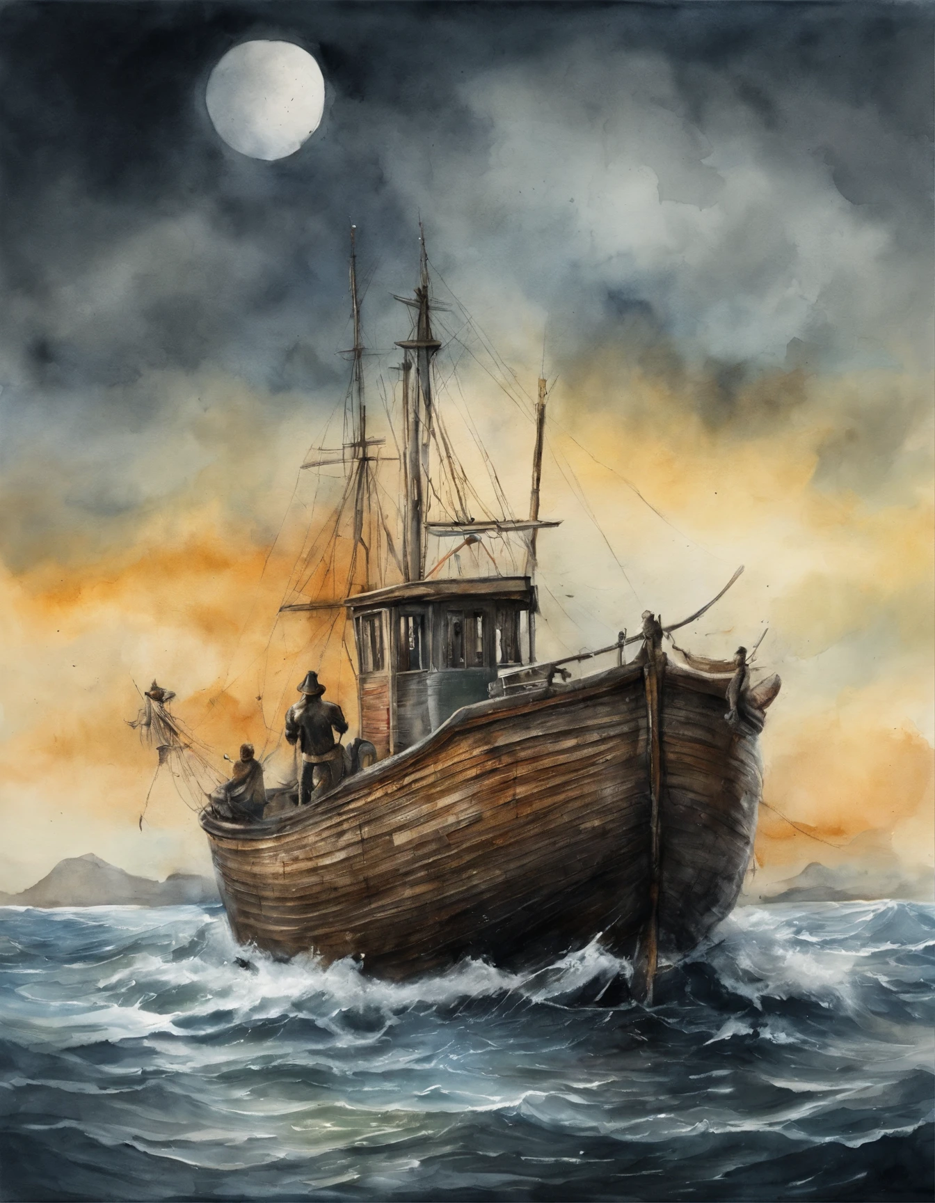ugly monster, Body shape huge, standing in ocean, tosen, There is a small fishing boat around, A grand spectacle, Oppressive atmosphere, surrealism, Chiaroscuro, Cinematic lighting, Wide shot, Masterpiece, ccurate, Anatomically correct, Super detail, High details, Best quality
