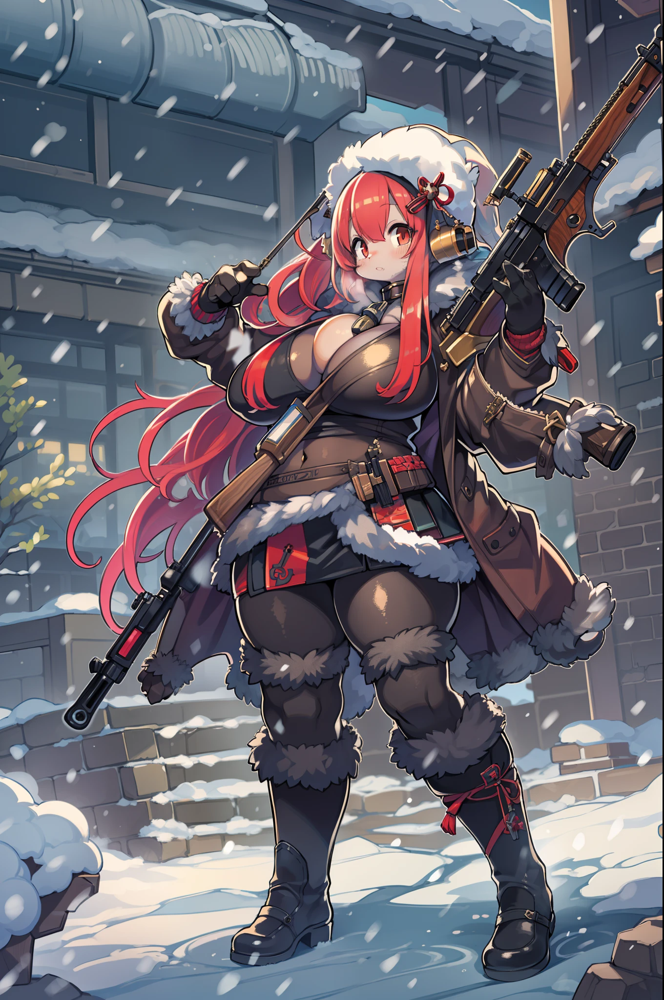Huntress girl with huge rifle in snow fight pose,oriental,blade and soul,InkStyle,long red hair,Leather and fur coat,Tight mini skirt、Cold,The artwork,２D,4K,Detailed,Fantasia、((Huge rifle)),bbw、thick thight、big butts、