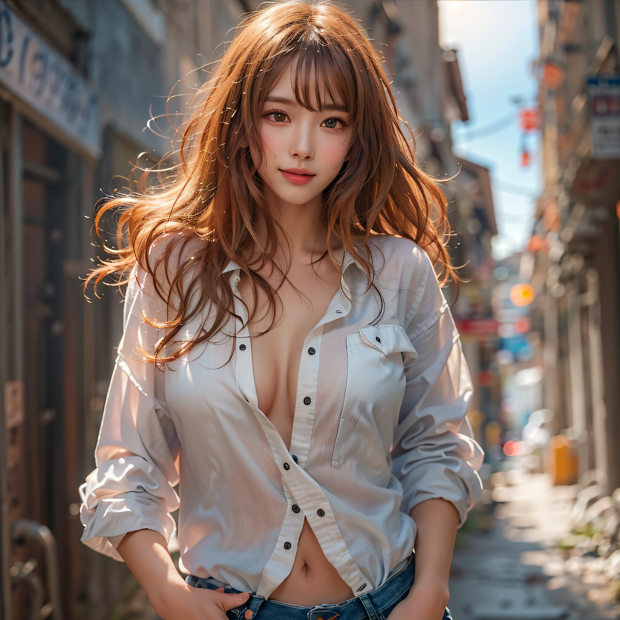 (masterpiece:1.2), (best quality:1.2), (extremely detailed:1.2), (extremely detailed face), (photorealistic:1.2), (ultra detailed), 1girl, closeup shot
upshirt, underboob, loose white shirt, short blue jeans, (y panraps:0.5), 
slim and petite body, medium boobs, lair, ([light orange | brown] hair), (full body:1.2), seductive pose, looking at viewer, (view from below:1.2), smiling, standing in the small alley