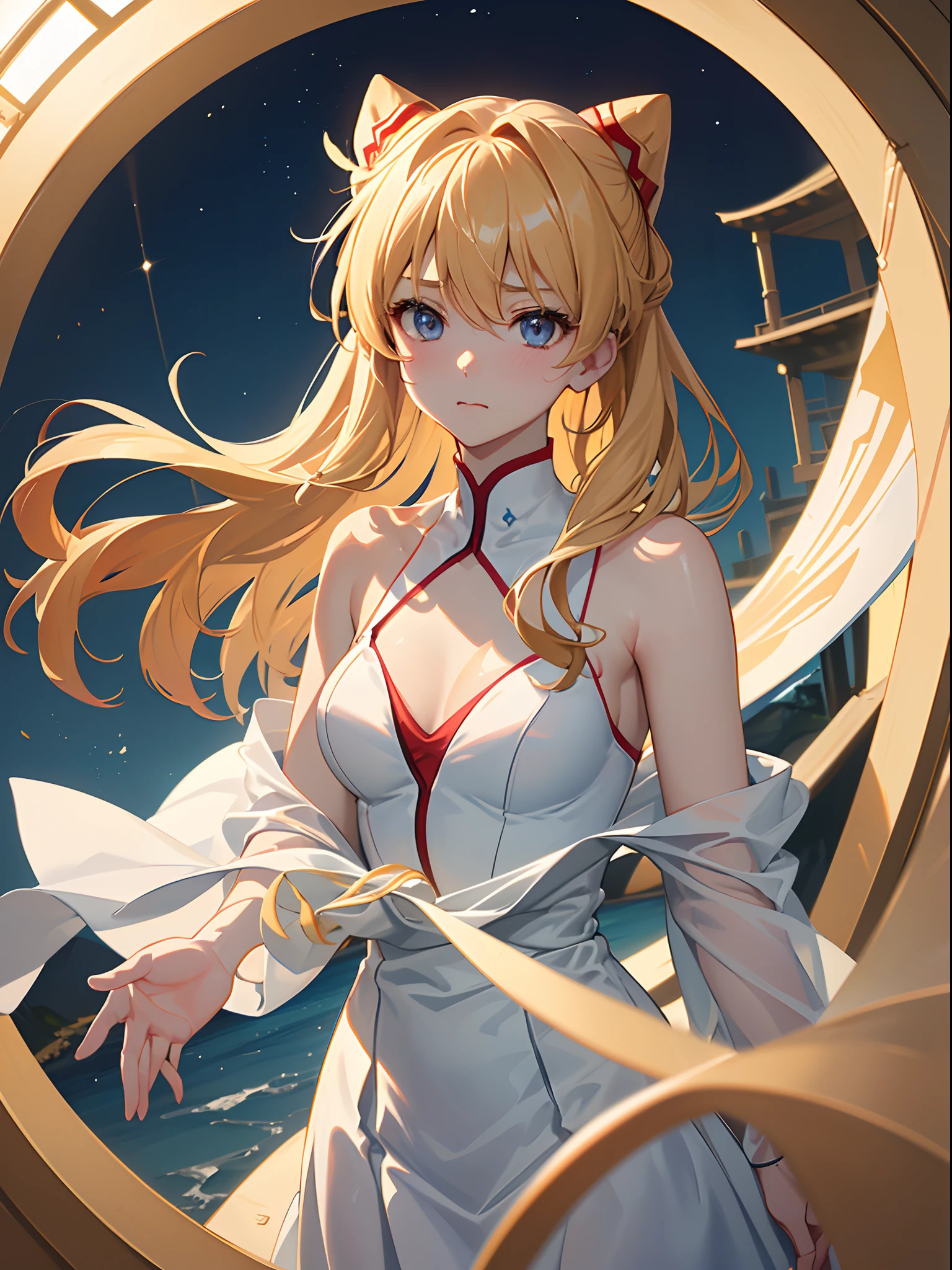 ((souryuu asuka langley,suit:1.2,dull Blonde)),(Glowing eyes:1.233), diffuse reflection, high-profile, majestic,(Tsundere,blushing,)(Beautiful and detailed eyes:1.3),1girll,Solo,(Masterpiece,Best quality, offcial art,Target the audience, Beautiful and aesthetic:1.3),(超高分辨率,Golden ratio, (4K), looking from above,((blue earth on the background,)),Floating, (photon maping, Radio City, Physically-based rendering,automatic white balance),Amazing,Sharp focus,Rich background, (((highdetailskin,)))Dynamic lighting,Intricately detailed clothing,Glowing eyes,Watery eyes,(masterpiece sidelighting),(a beauty girl,The sheen),[[Delicate fingers and hands:0.55]::0.85],(Detail fingers),((((BREAK,Design an image with a fisheye lens effect, capturing a wide field of view with a distinctive, curved perspective.BREAK,)))Superior photographic quality,((unbelievable Ridiculous)),((extremely_Detailed_Eyes_and_face)),(Disheveled hair),Movie girl,