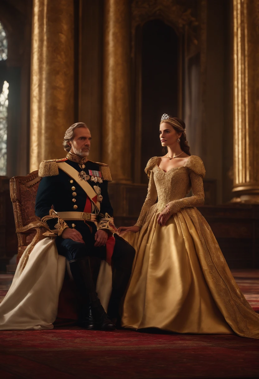 Adelaide is seen with her parents, the KING and QUEEN, discussing her arranged marriage to a ruthless prince, FREDERICK. (best quality,4k,8k,highres,masterpiece:1.2),ultra-detailed,(realistic,photorealistic,photo-realistic:1.37), HDR, UHD, studio lighting, ultra-fine painting, sharp focus, physically-based rendering, extreme detail description, professional, vivid colors, bokeh, portraits, landscape, horror, anime, sci-fi, photography, concept artists, vibrant color palette, warm and dramatic lighting, opulent palace backdrop, intricate golden decor, elaborate costumes, emotional facial expressions, tense atmosphere, intense emotions, royal gowns, opulent jewelry, grandeur architecture, elegant interiors, multiple light sources, soft shadows, delicate lace and embroidery, majestic thrones, intricate hairstyles, eye-catching royal scepter, golden tiara, royal guards, suspenseful aura, heart-wrenching conversations, regal atmosphere.
