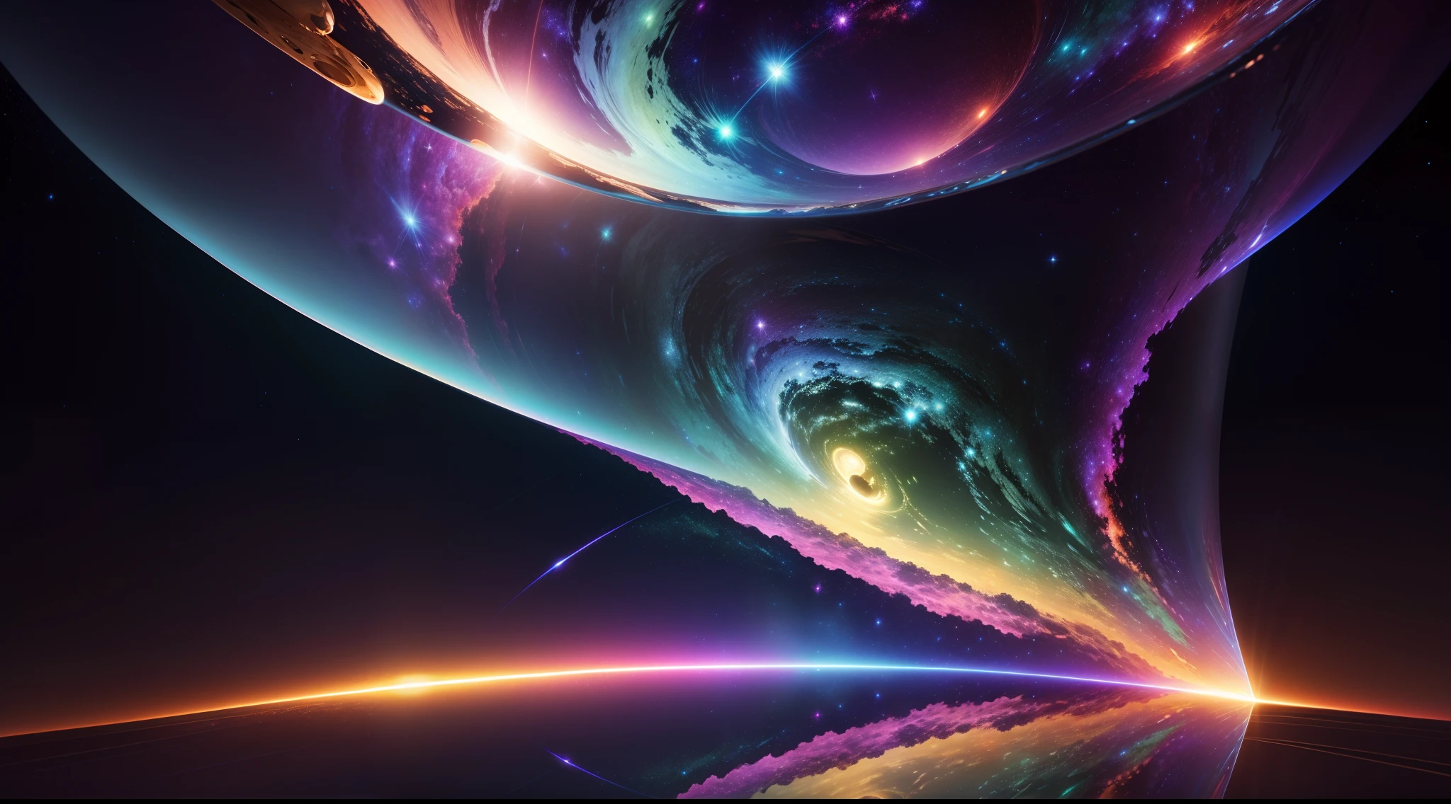 Galaxy, reflections transparent iridescent colors, An expansive view of, Real-time lighting, ray tracing, Global illuminations, 3D rendering, Alien planet, photoreal, 8K Resolution