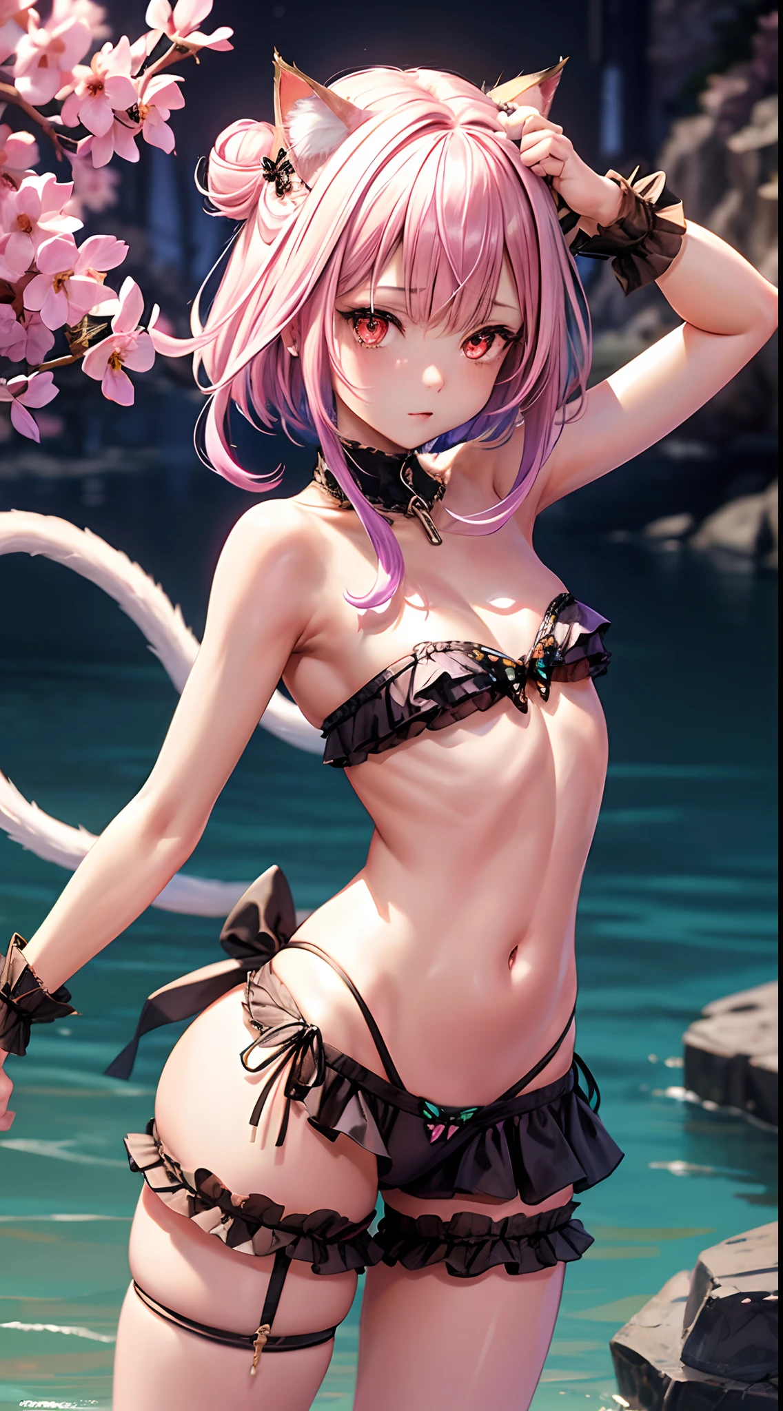 (beautiful detailed eyes), extremely detailed cg, game cg, best quality, unity 8k wallpaper, bright pupils, looking at viewer, (high detailed skin), (realistic)

(****), (small body), solo, rushia_bikini, red eyes, ringed_eyes bangs_between_eyes, small breasts, (groin), pink hair, short hair, side buns, double buns, butterfly hair ornament, hair ribbon, cat ears, (cat tail), tail raised up, linea alba 

grim, erotic pose, cowboy shot 

bikini with frills, strapless bikini top, string bikini bottom

Outdoors, beach, detailed background, night

uruha rushia, rushia_neko, pink hair, short hair, cat ears, cat tail,