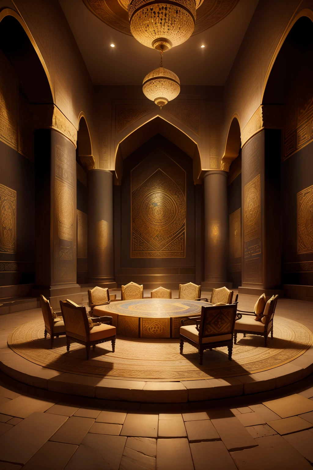 A grand ancient Babylonian palace interior at night. Walls adorned with gold and precious stones. Intricate patterns and designs are carved into the walls. A group of scholars in traditional Babylonian attire sit in a circle on ornate cushions, with scrolls and clay tablets spread out before them.