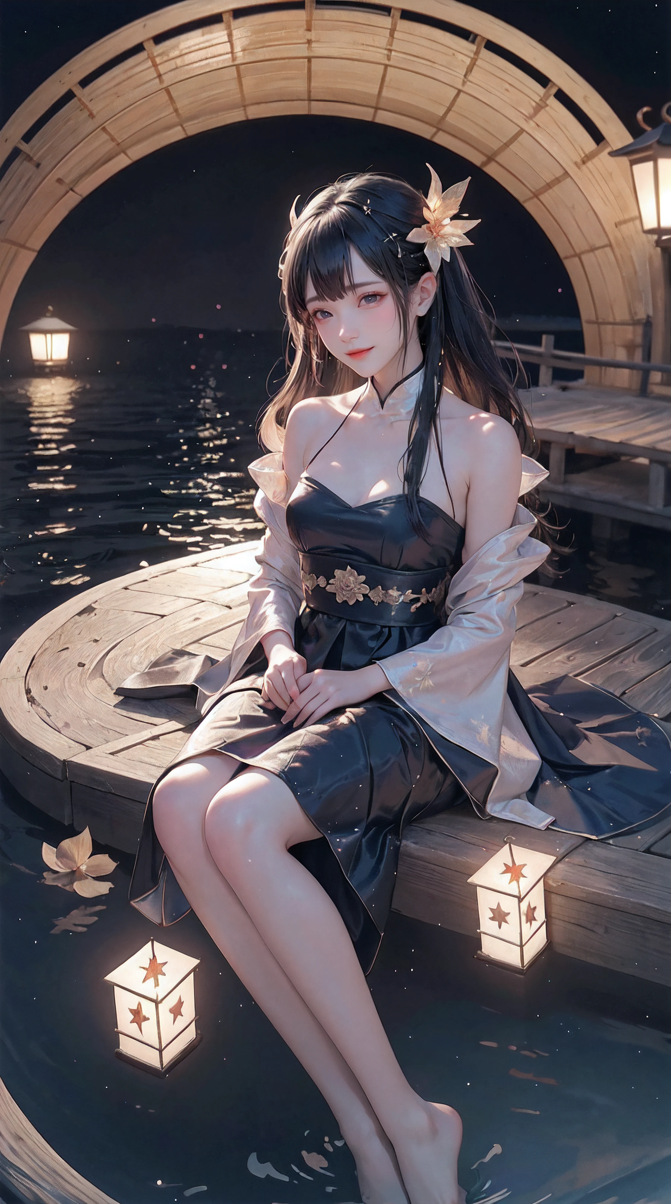 A night view inspired by Japanese art, There is a garden illuminated by paper lanterns and a wooden bridge across the tranquil lake. The starry sky is reflected in the water, creating a magical environment. On the shore of the lake, There is a small Zen temple illuminated by candles, Where people come to meditate. The leaves sway gently in the wind, Create a calm and peaceful atmosphere.