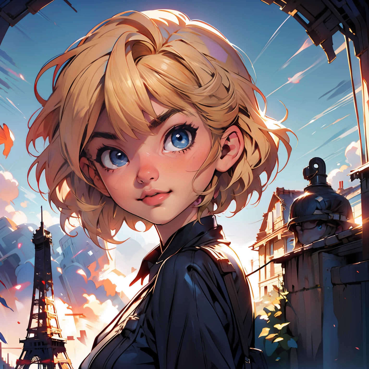 masterpiece, close up, digital paint, (Cute girl, 20 years old, blond short hair ), at the top of eiffel tower in paris by Jim Lee