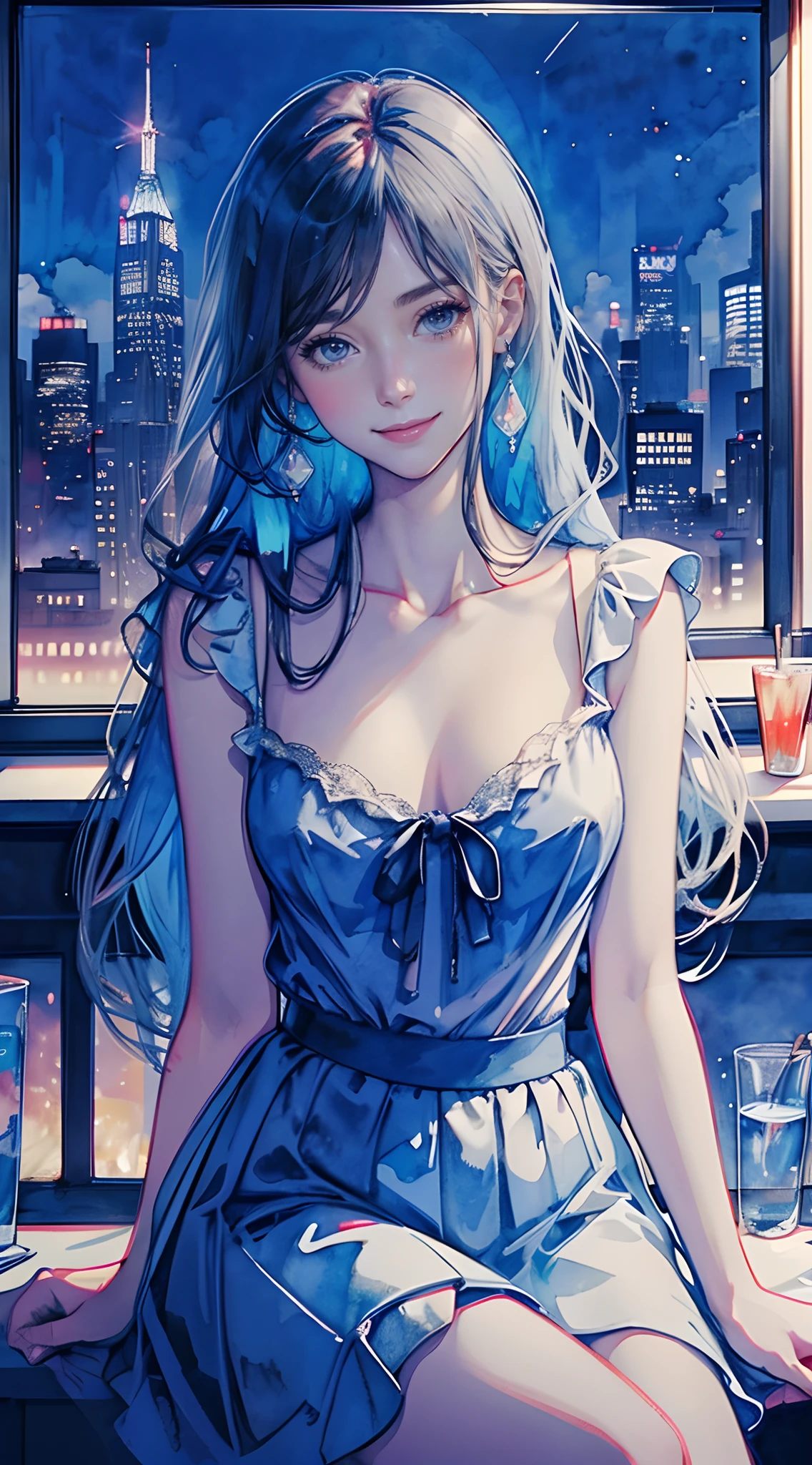 delicate illustration, of the highest quality, masutepiece, one girls, 30-years old,Blouse without sleeves, Draped skirt,Beautiful, Smile, Perfect Lighting, nice hand, Perfect hands, (Gray eyes: 1.2), Medium chest, Sitting at the chair bar counter, Huge modern window with night city skyline on background ,watercolor paiting, watercolor sketch, Bright, Long hair, watercolor paiting \(Medium\), Sexy