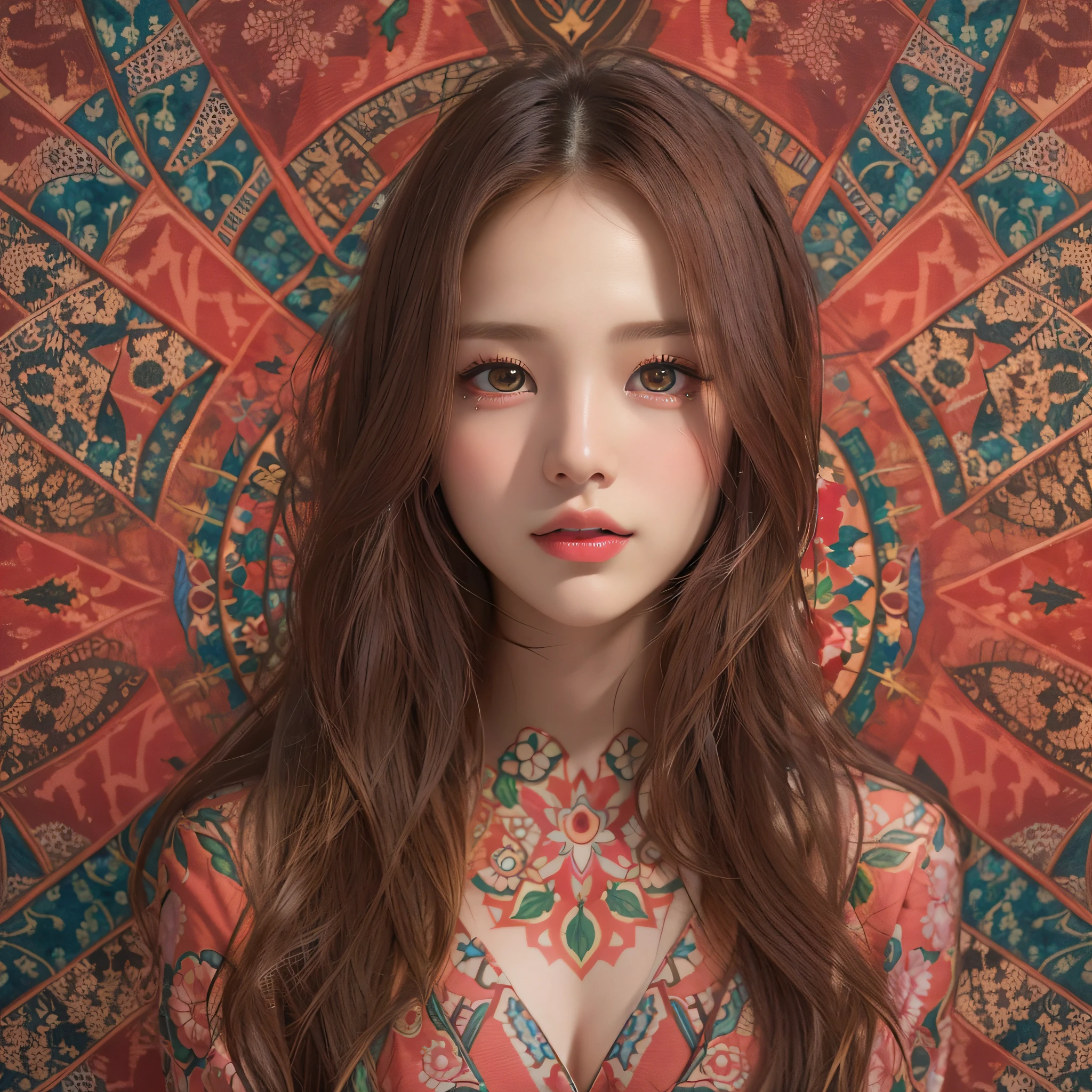 (symmetrical, Compositions with colorful geometric arabesque patterns):1.3, 
(top quality, masterpieces, realistic, photorealism:1.37, best shadows), (1girl:1.3), (semi-long hair), (dark brown hair), (medium breasts:1.3), (nude lipgloss), (make up), (Show cleavage), perfect body, (18 years old), close up face:1.2, (ultra delicate face), (ultra Beautiful fece), (ultra delicate eyes), (ultra detailed nose), (ultra detailed mouth), (ultra detailed arms), (ultra detailed legs), (ultra detailed body), (from the front side), looking at the audience, Ultra-meticulously drawn clothes