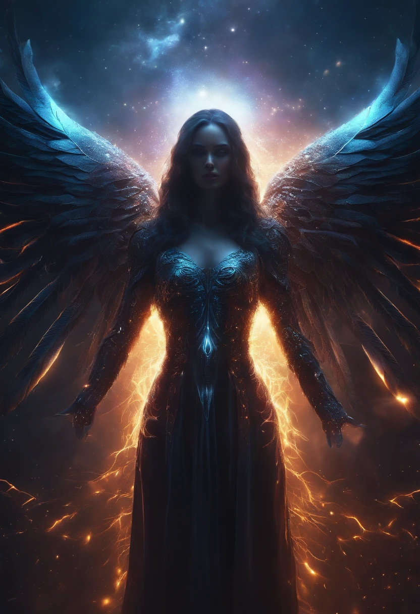 Cosmic Fallen Angel, glowing light eyes, Biomechanical, eerie, Creepy, nightmarish, Very bright colors, Light particles, with light glowing, Mshiff, wallpaper art, UHD wallpaper